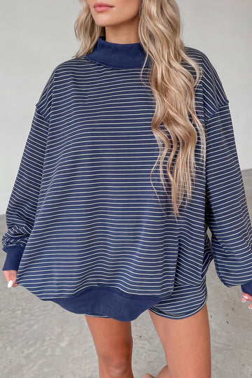 Ribbed Patchwork Mock Neck Baggy Pullover Matching Shorts Set – Blue Stripe