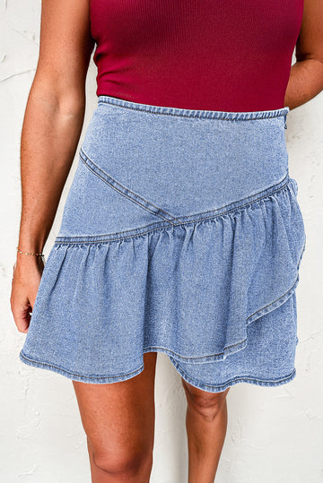 Beau Blue Asymmetric Ruffle Overlay Denim Mini Skirt eAura