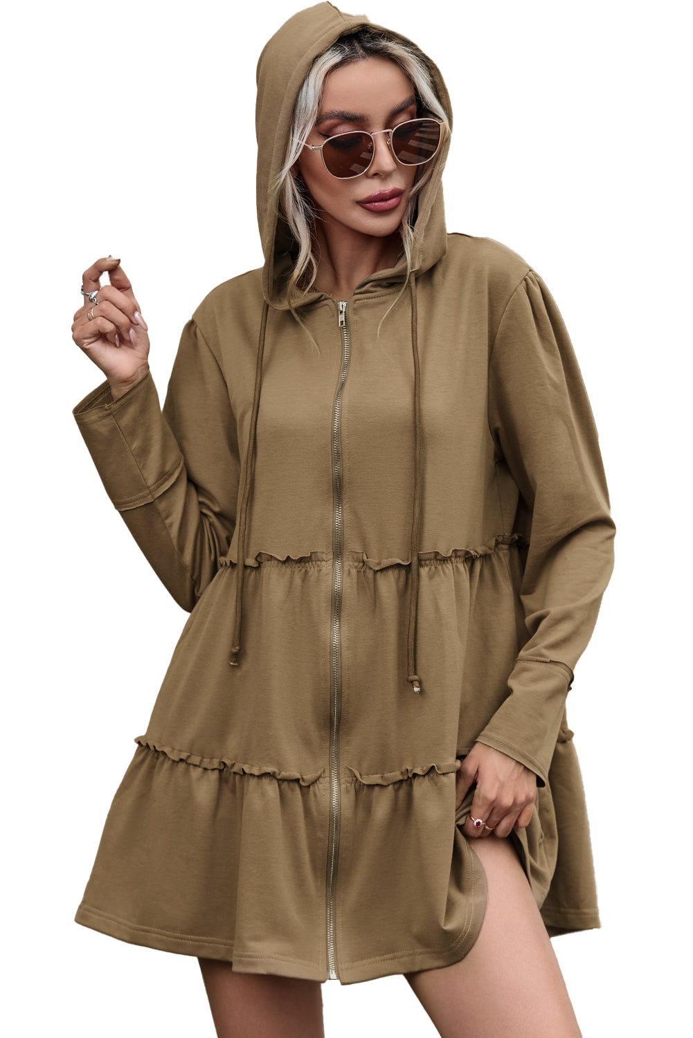 Khaki Tiered Ruffled Zip-Up Drawstring Hooded Jacket eAura