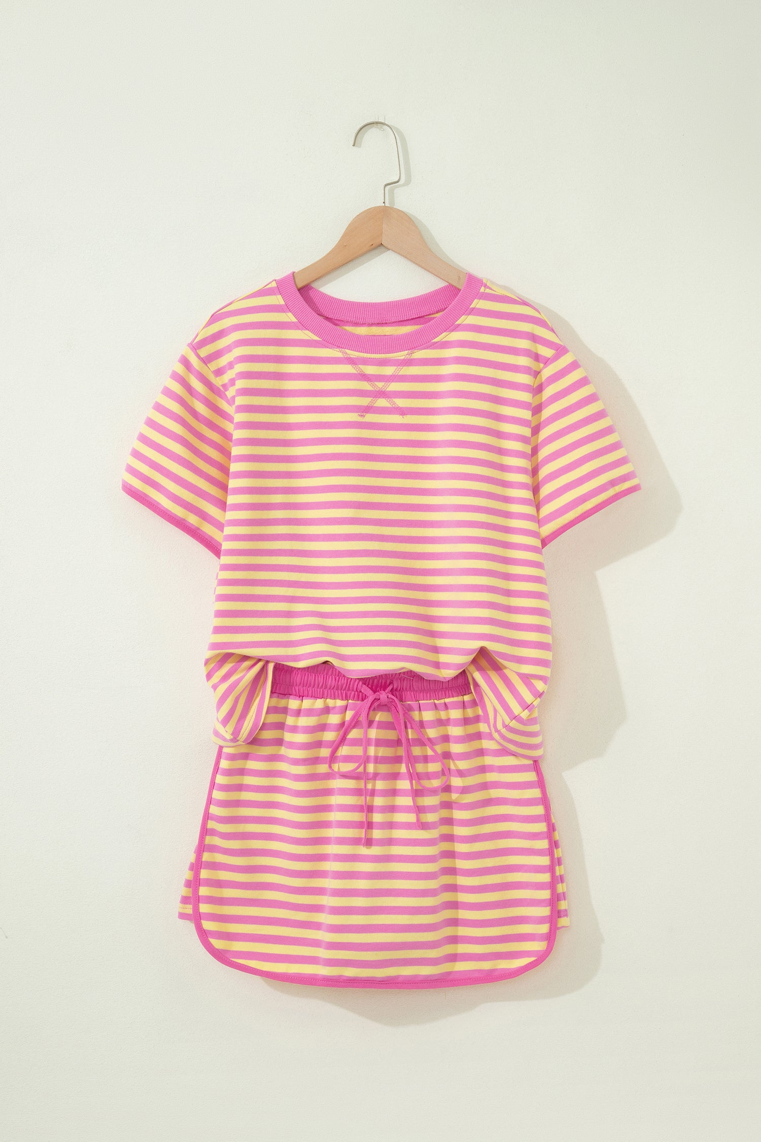Relaxed Short Sleeve Top Elastic Waist Drawstring Skort 2pcs Set – Pink Stripe