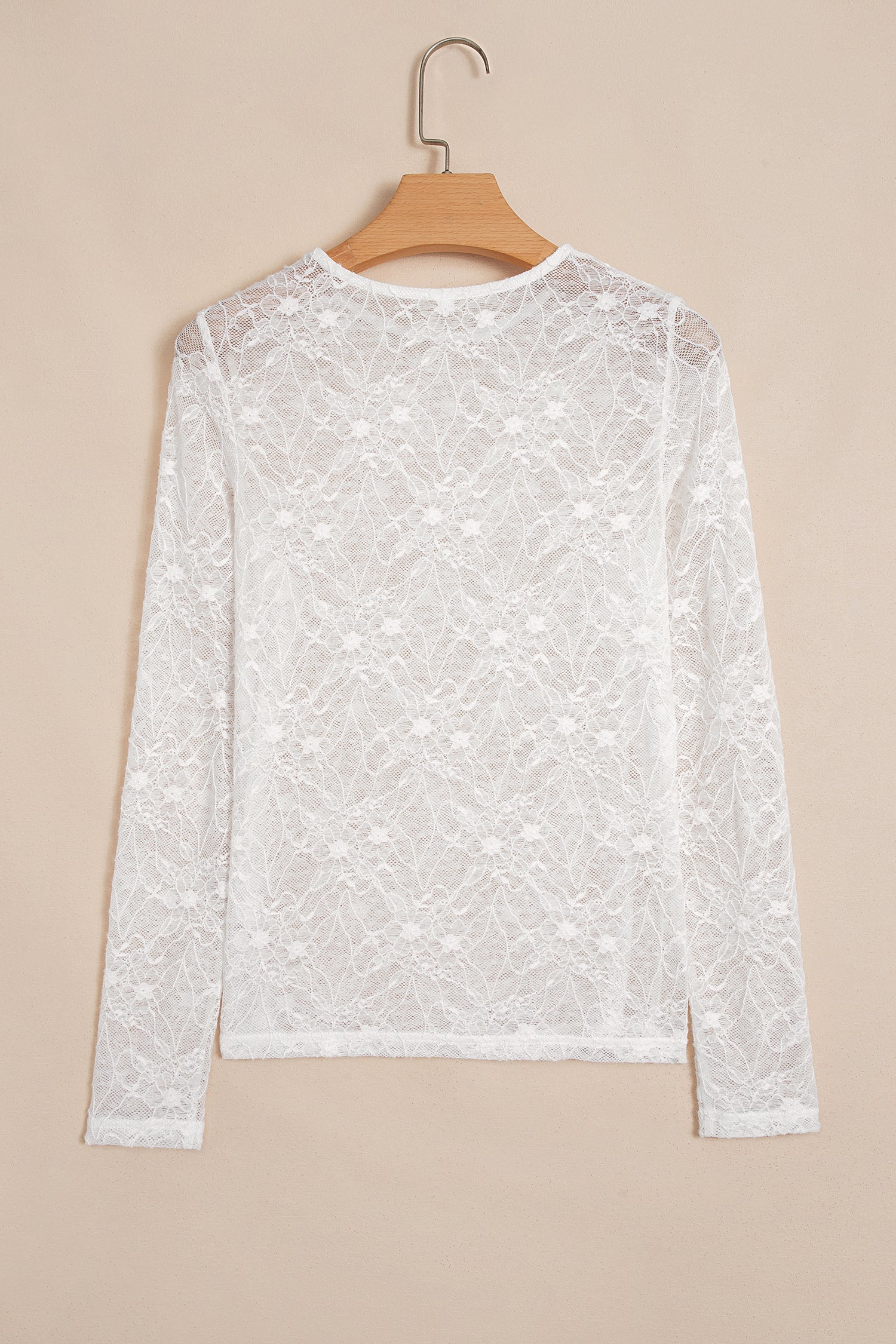 Long Sleeve Sheer Mesh Lace Top – Beige
