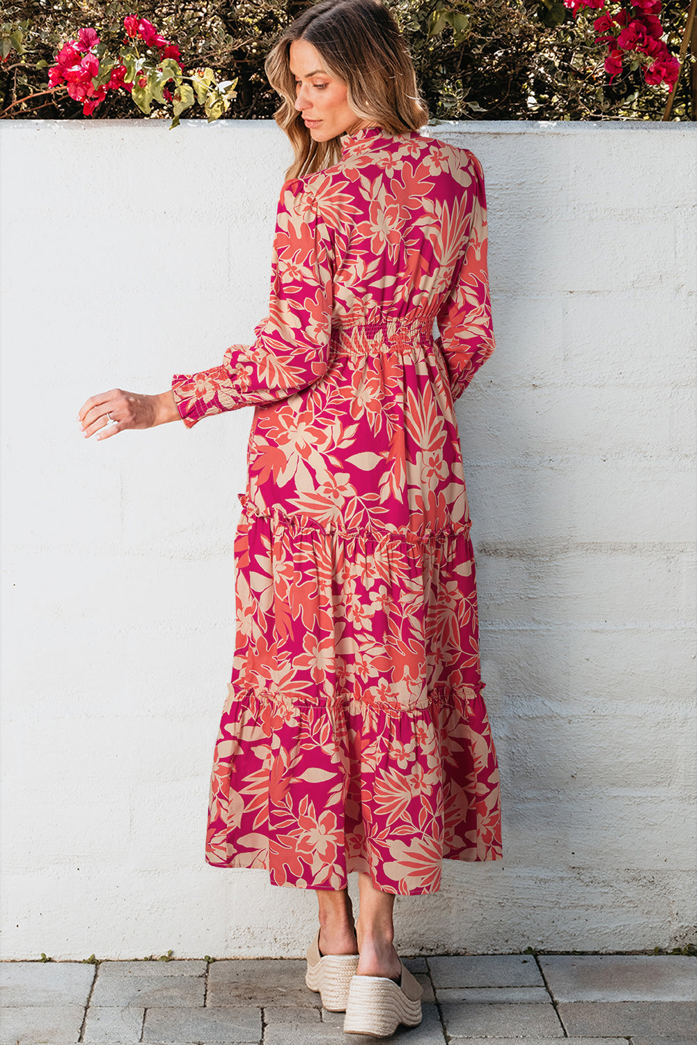 Rose Floral Print Buttoned Smocked High Waist Maxi Dress eAura