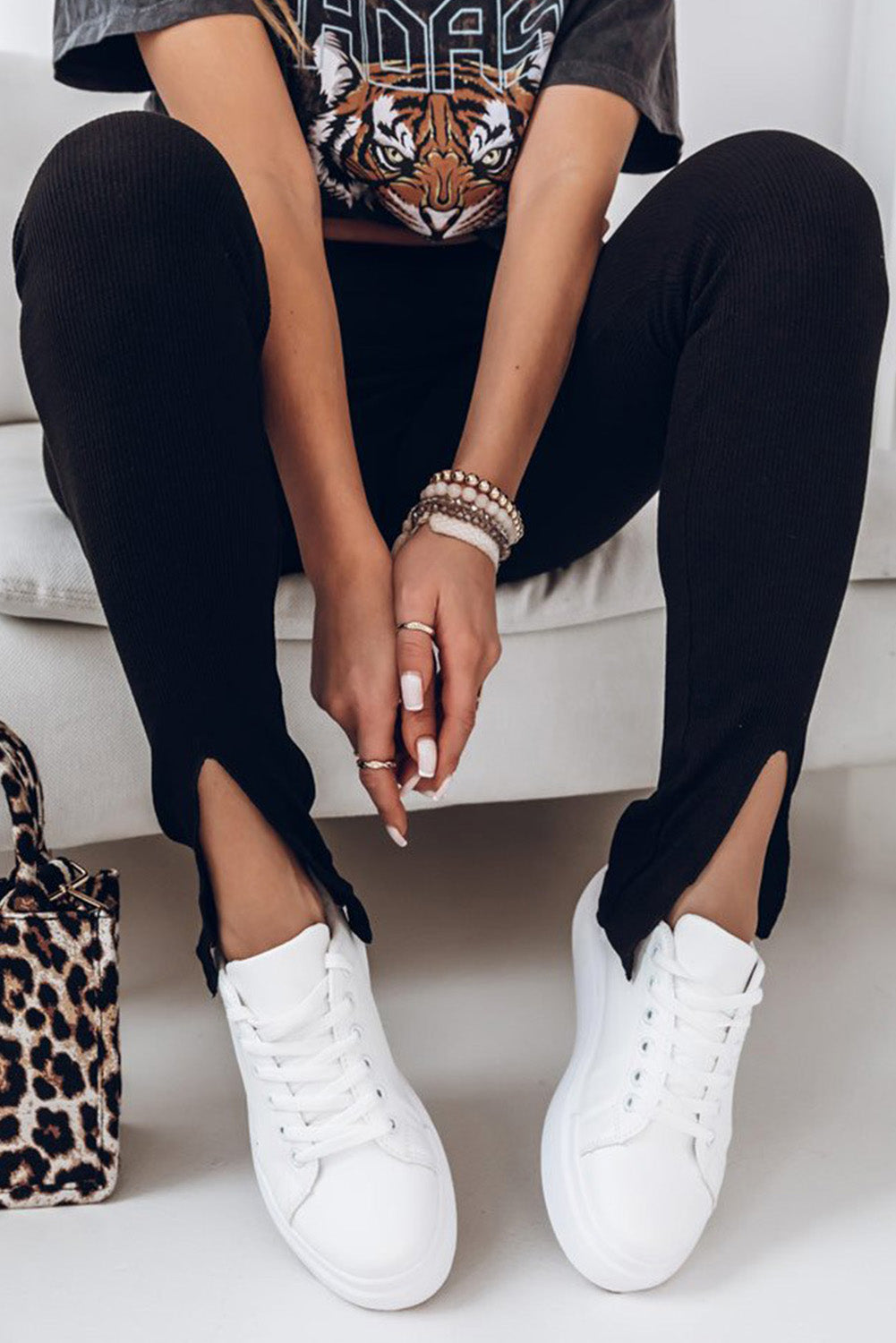 Black Rib Knit High Waist Slit Leggings Beagle Boutique Fashion Outlet