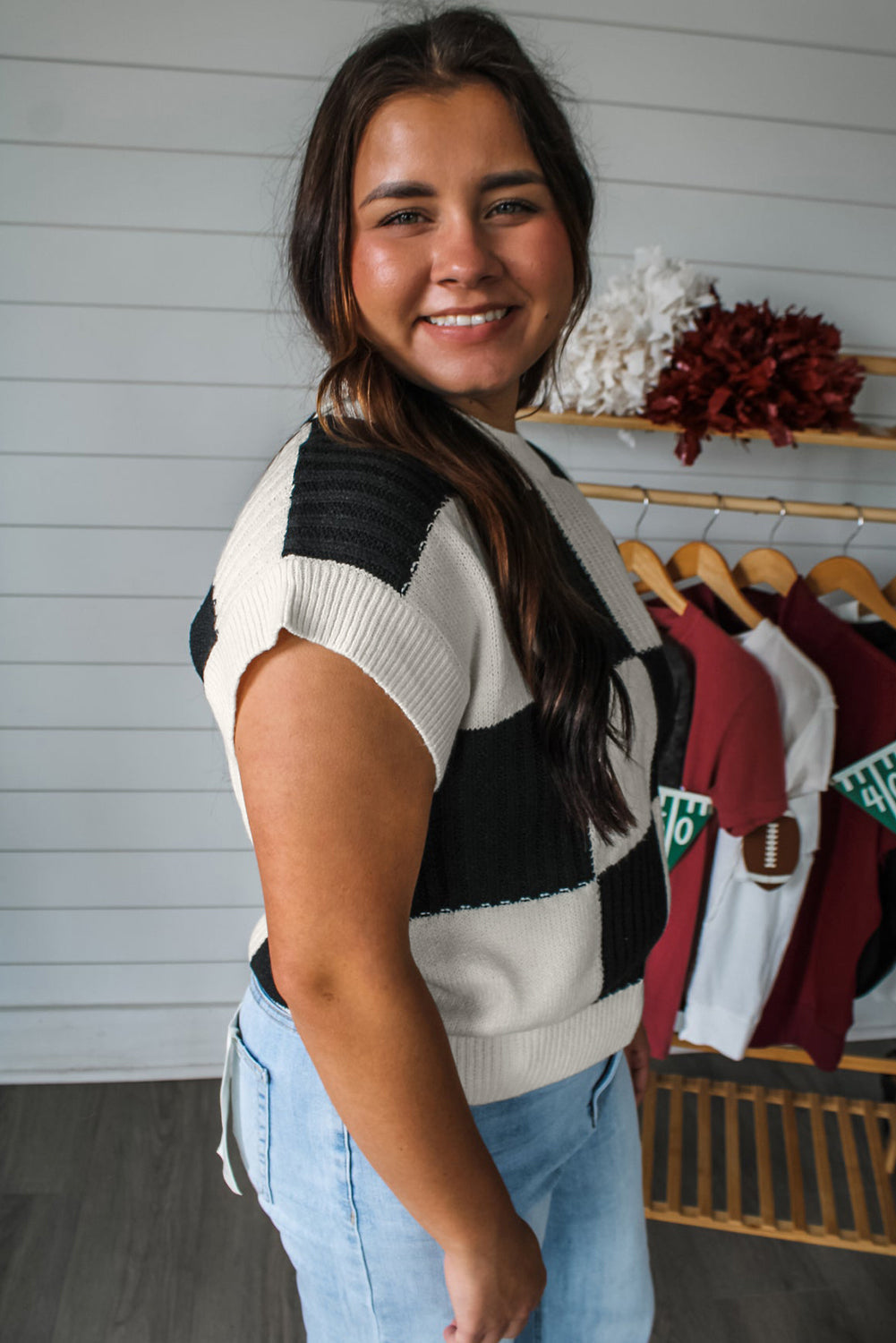 Black Checkered Colour Block Crew Neck Short Sleeve Sweater eAura