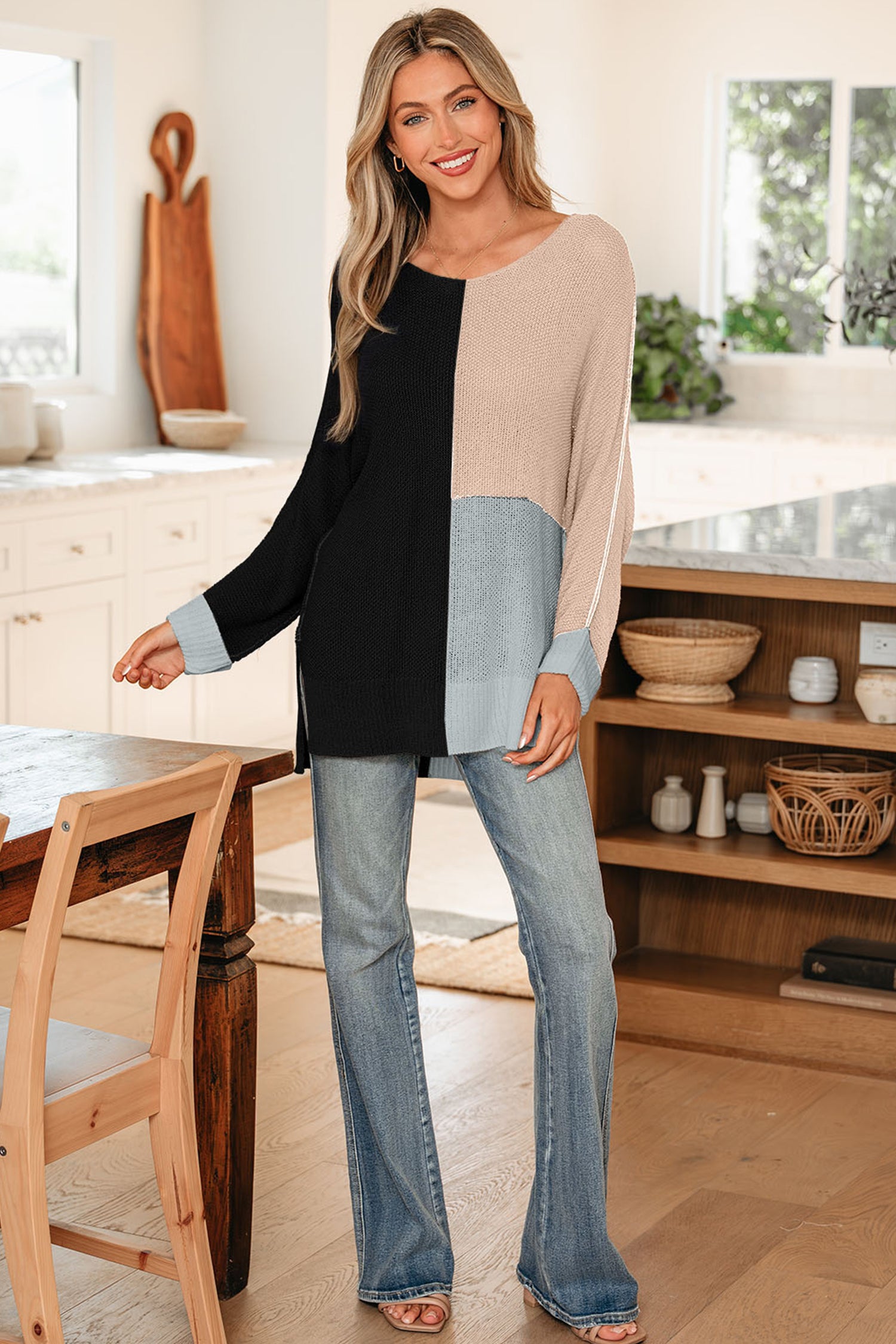 Colour Block Knit V-Neck Sweater - Sweaters & Cardigans/Sweaters