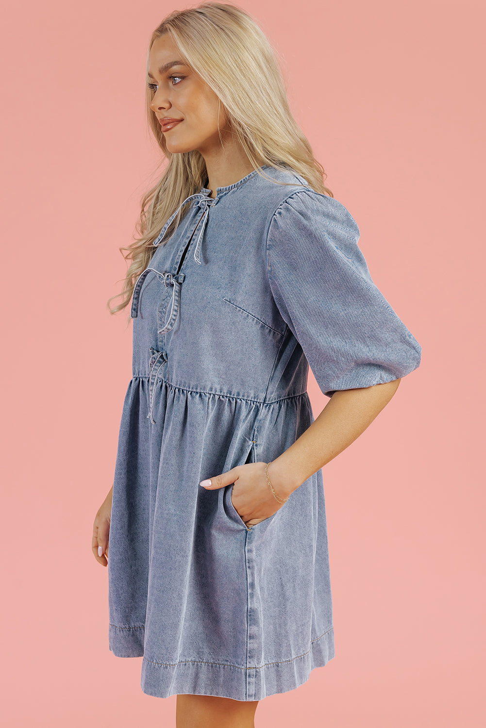 Dusk Blue Bowknot Bubble Sleeve Short Denim Dress eAura