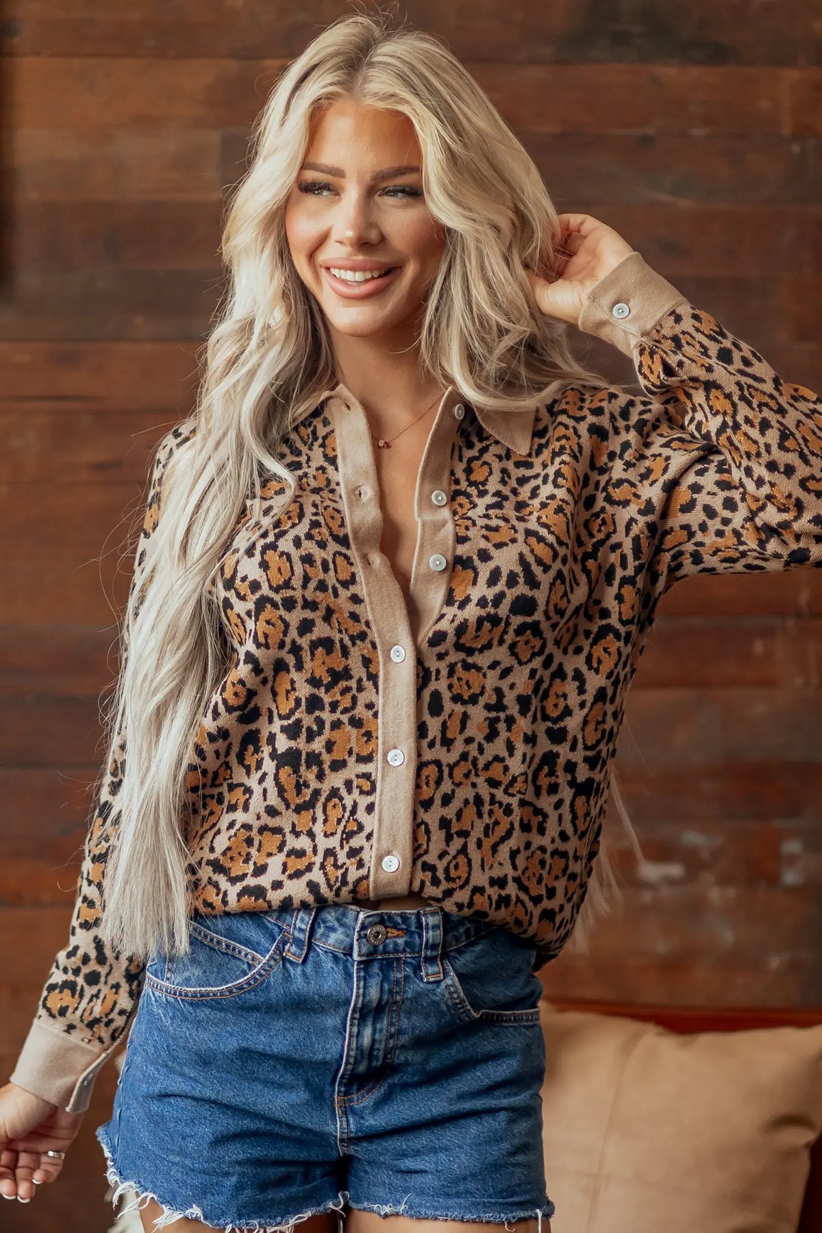 Leopard Print Button-Up Cardigan Long Sleeve Cardigans – Brown