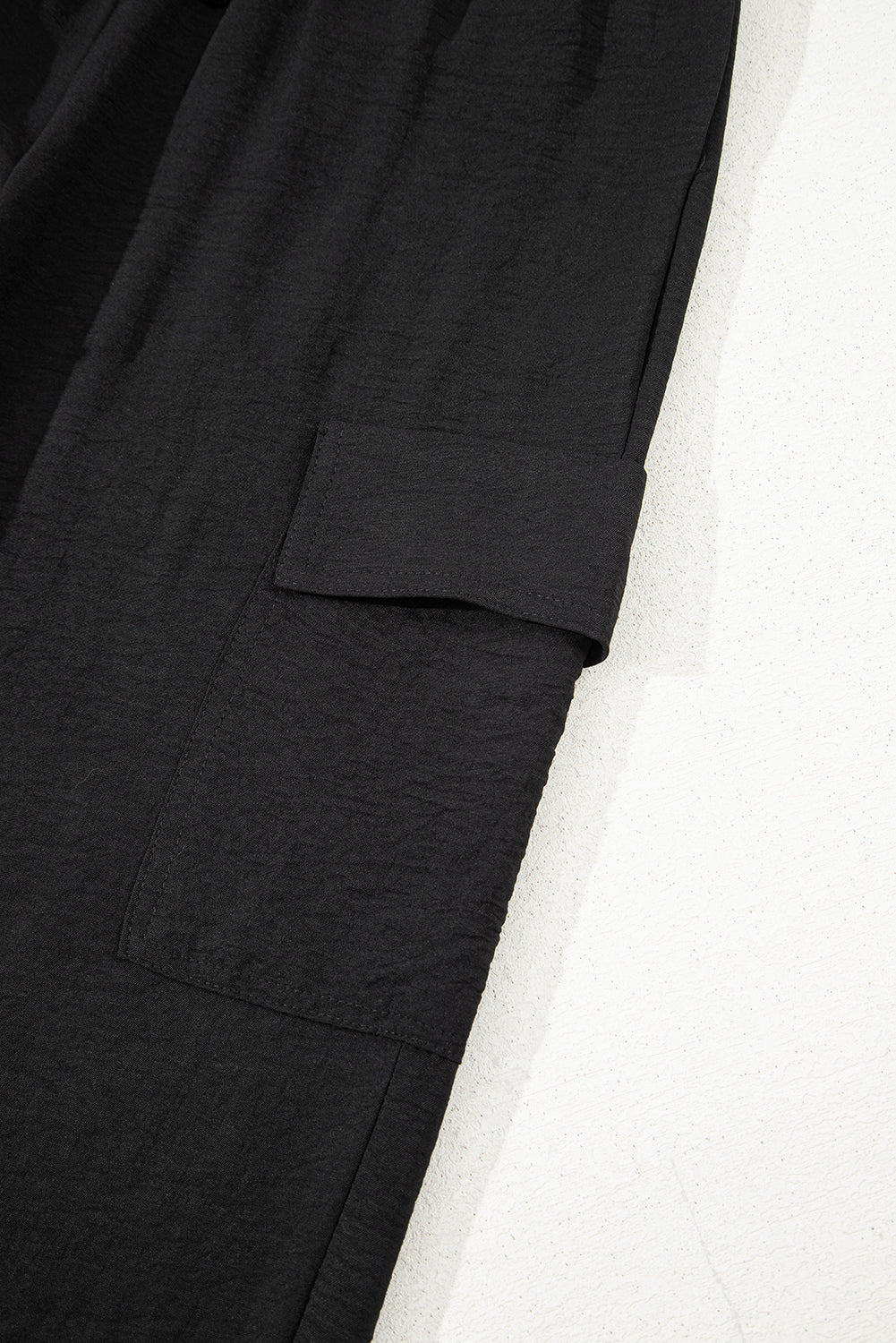 Black Drawstring Frilled Waist Wide Leg Utility Trousers Lightweight eAura