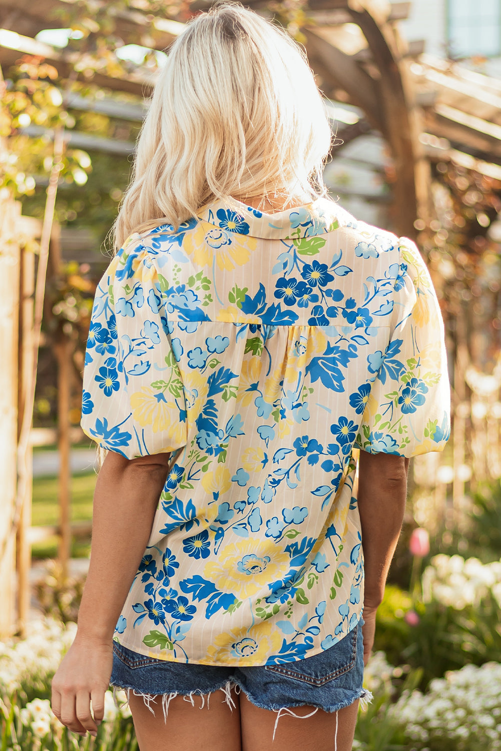 Blue Floral Striped Mixed Print Puff Short Sleeve Blouse eAura