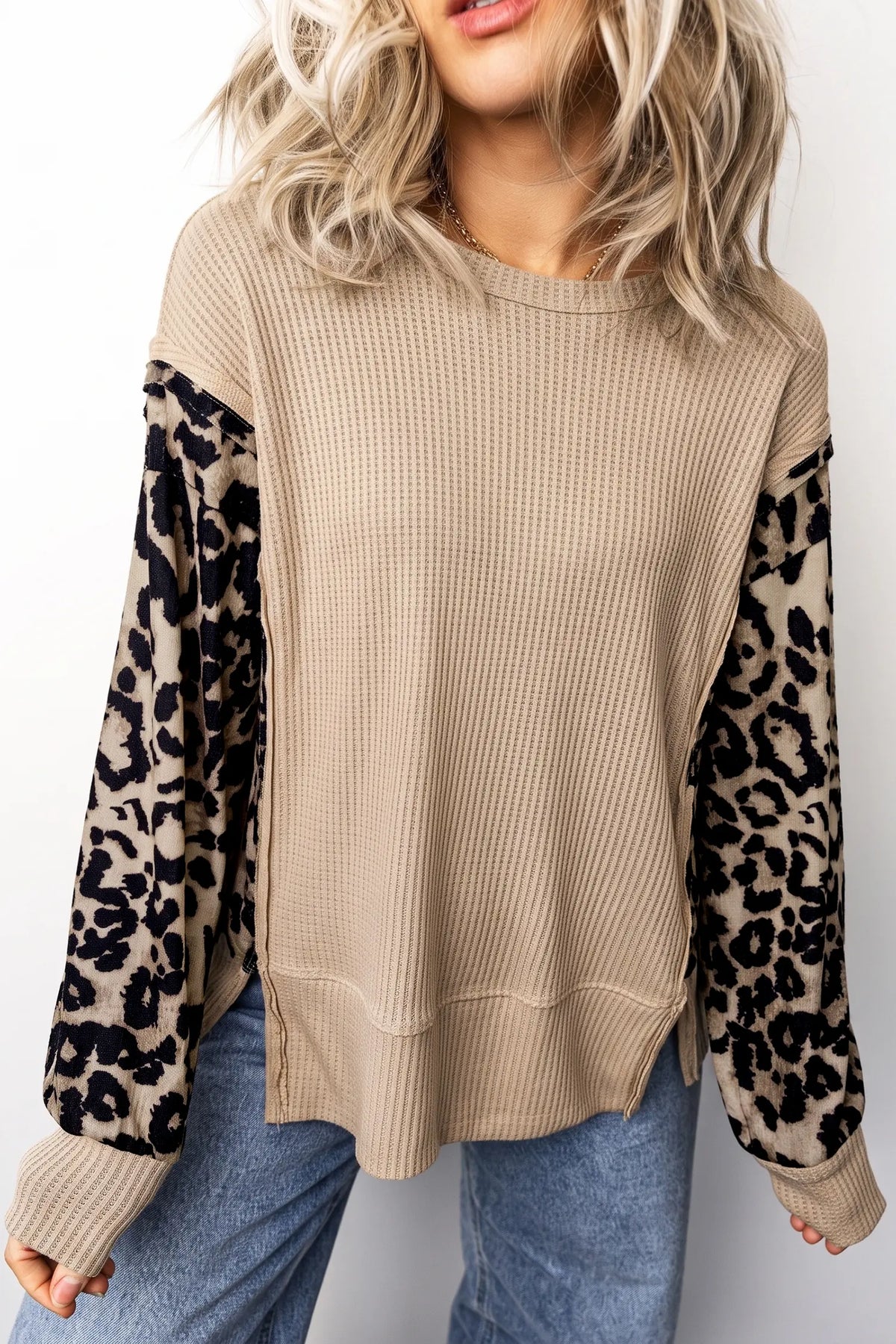 Leopard Sleeve Waffle Knit Split Hem Top – Grey Morn