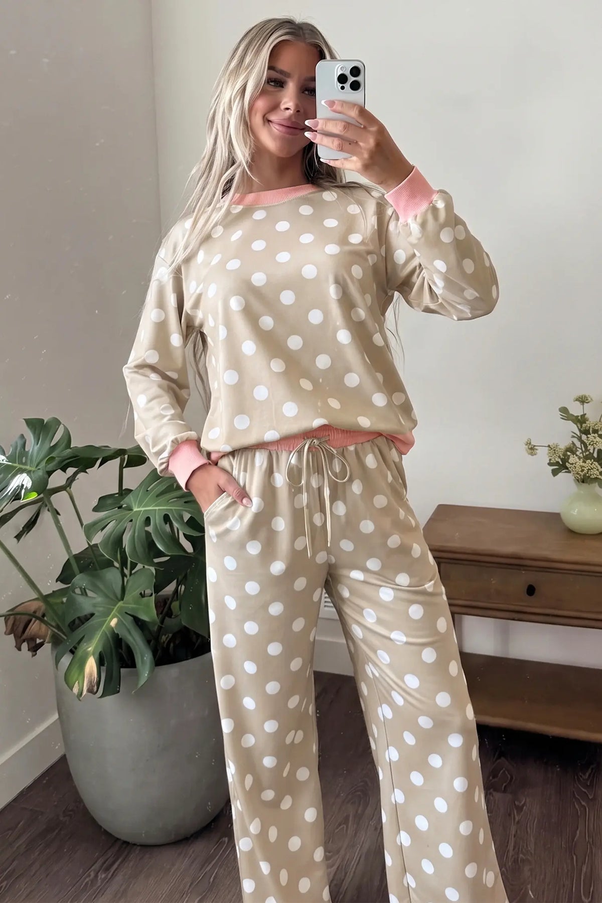 Polka Dot Contrast Trim Long Sleeve Top Drawstring Shift Pants Set – Khaki