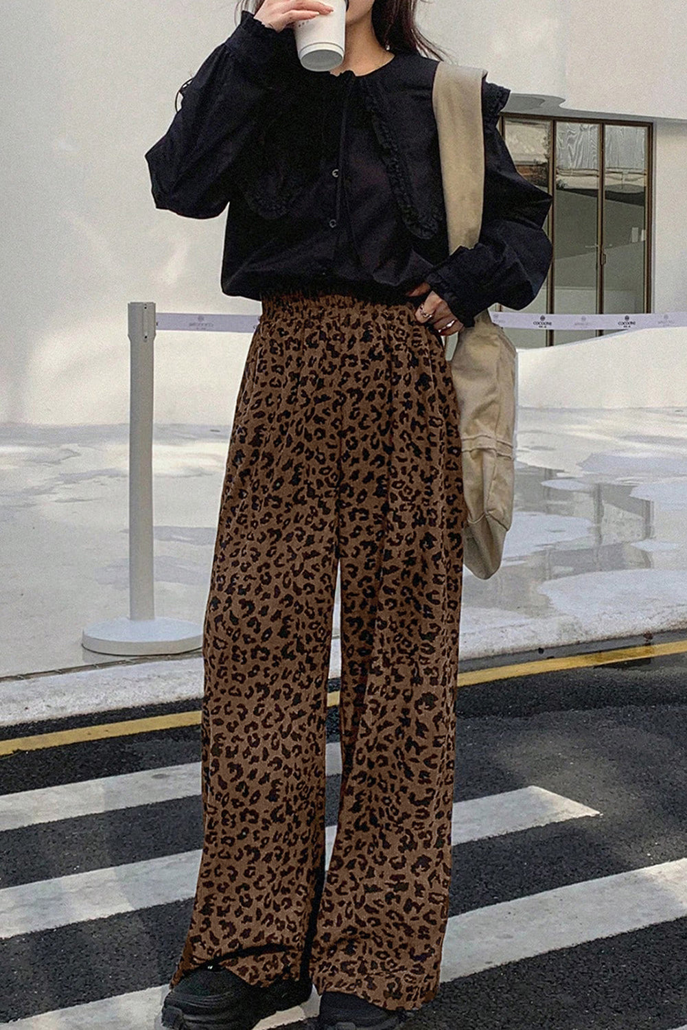 Dark Brown Leopard Print Elastic High Waist Loose Corduroy Pants - eAura