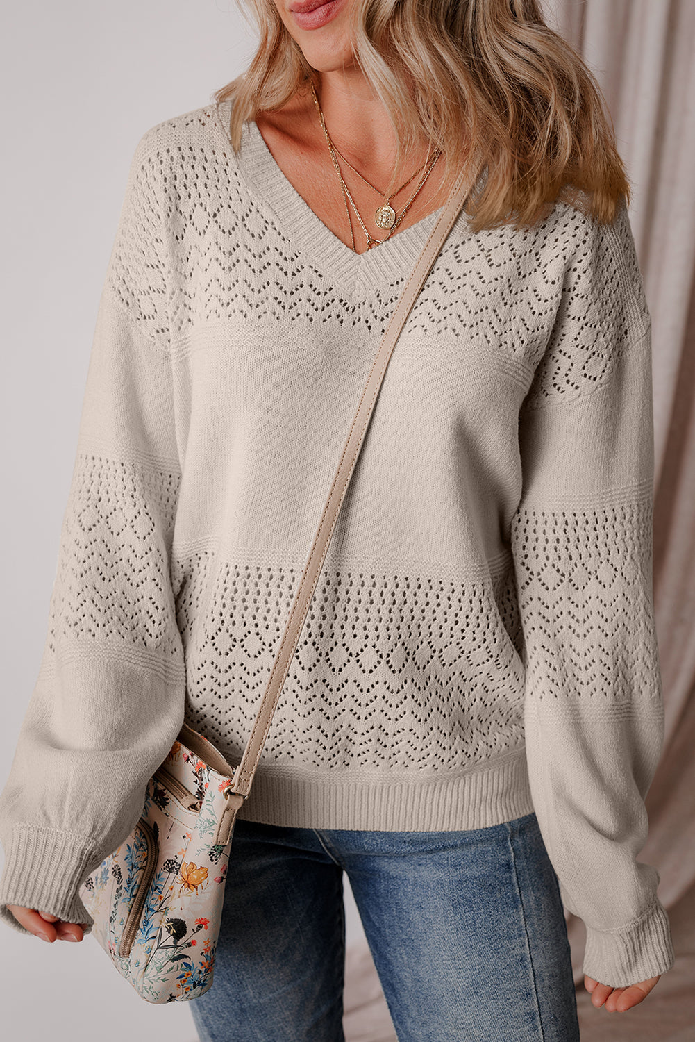 Brown Eyelet Pattern Detail V Neck Drop Shoulder Sweater eAura