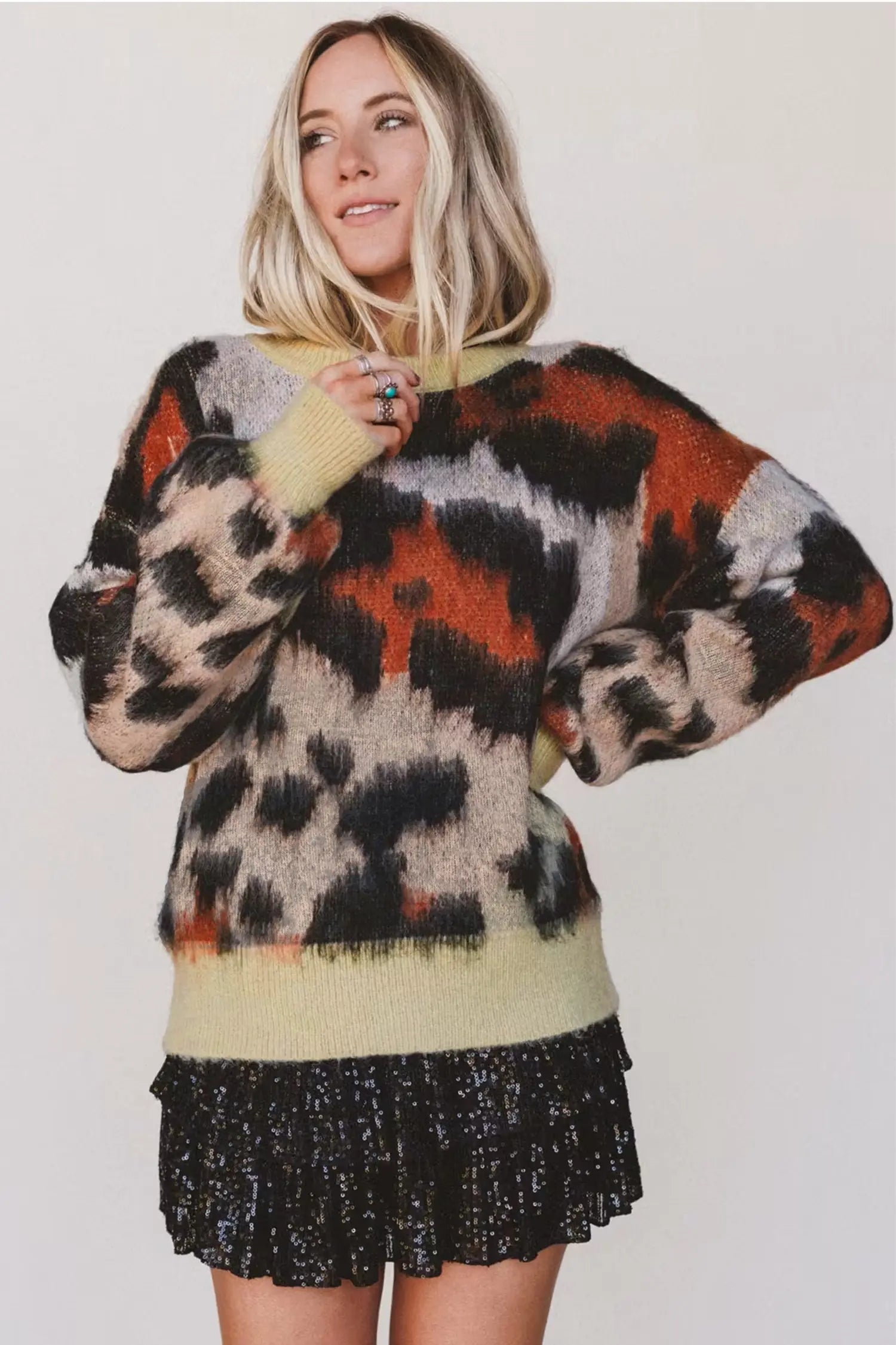 Leopard Print Drop Shoulder Long Sleeve Round Neck Sweater – Khaki