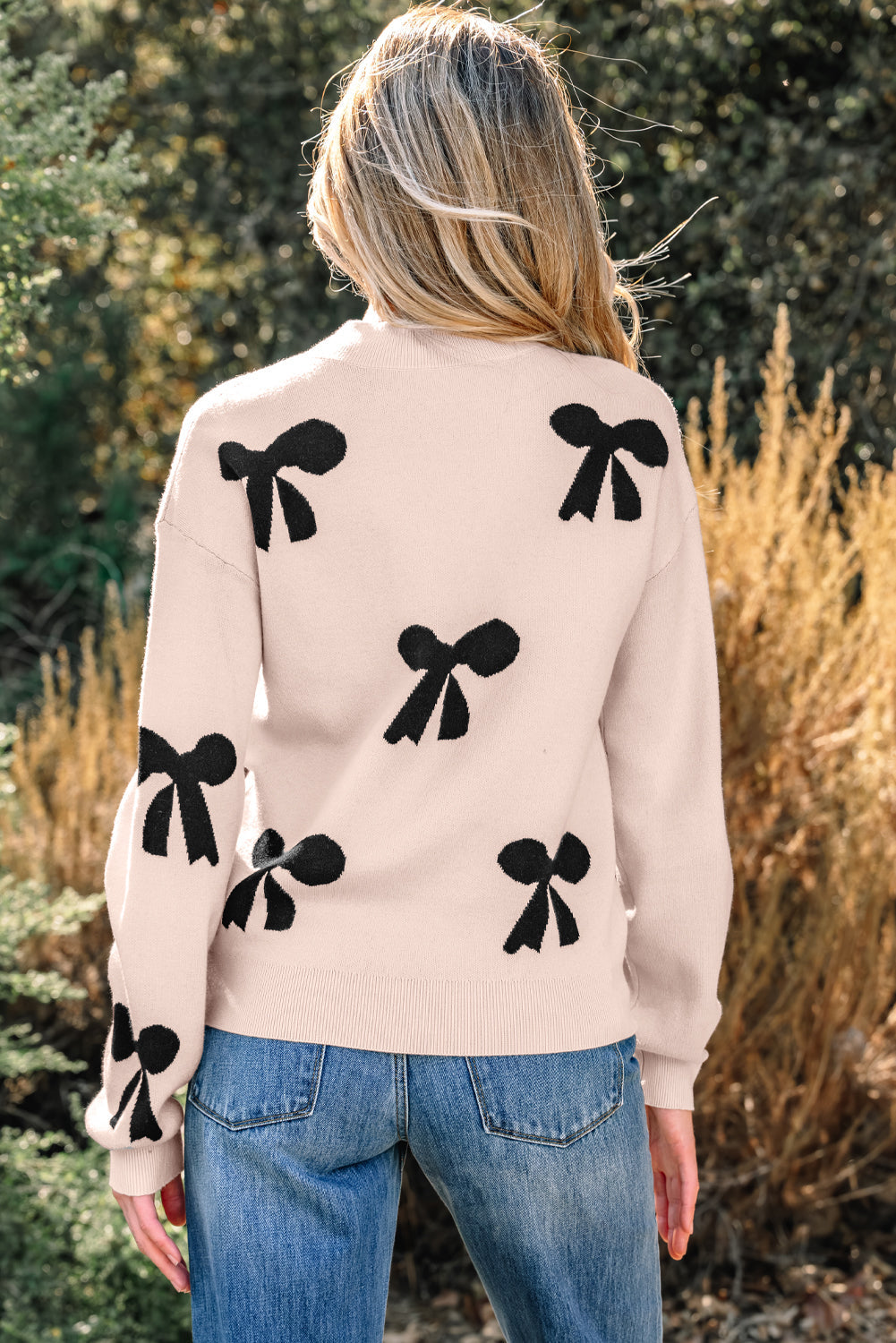 Pearl Embellished Bow Pattern Loose Sweater - eAura