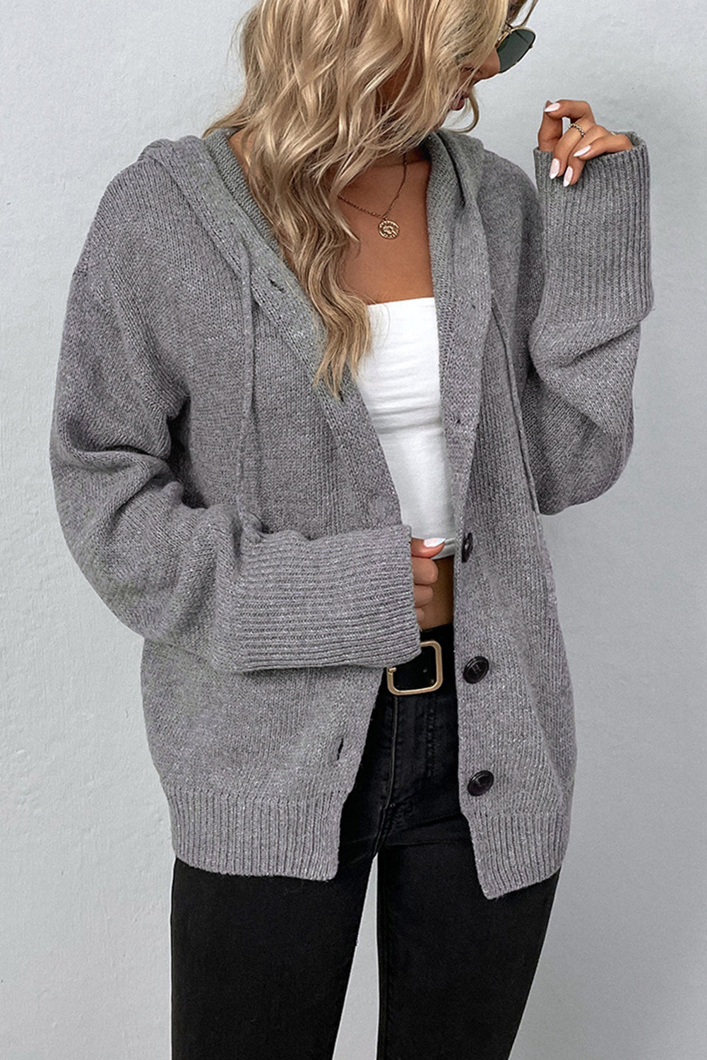 Medium Grey Drawstring Hooded Button Up Drop Shoulder Sweater Cardigan eAura