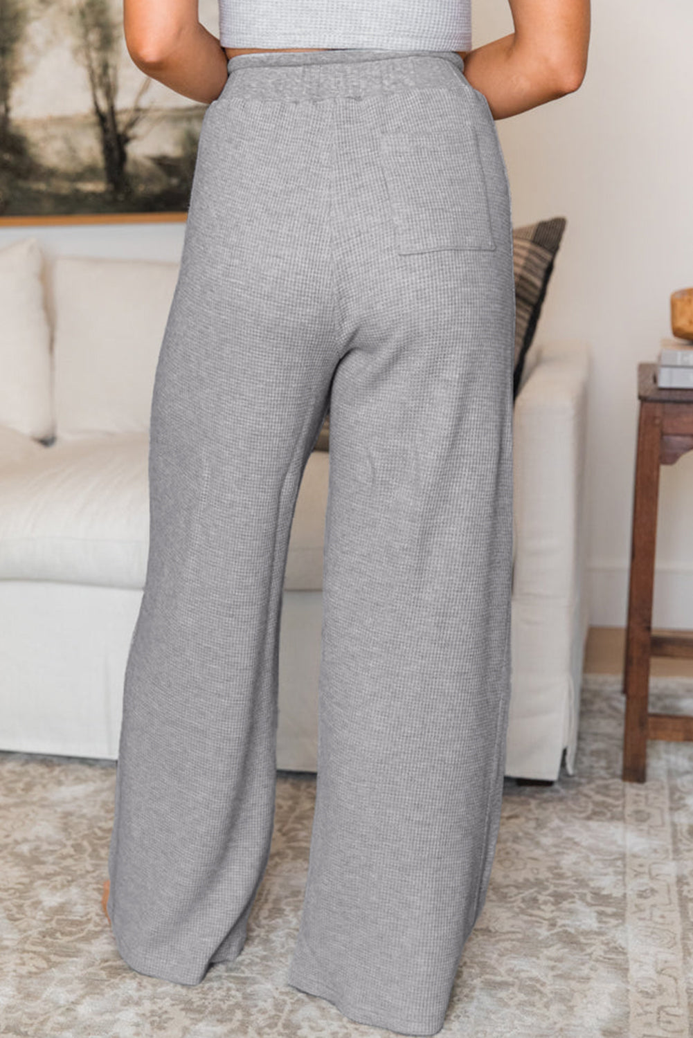 Grey Waffle Knit Drawstring High Waist Wide Leg Trousers Beagle Boutique Fashion Outlet