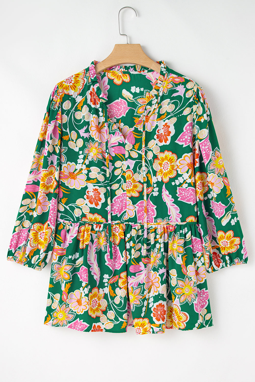 Green Floral Tied V Neck Long Sleeve Plus Size Babydoll Top BB Fashion Outlet