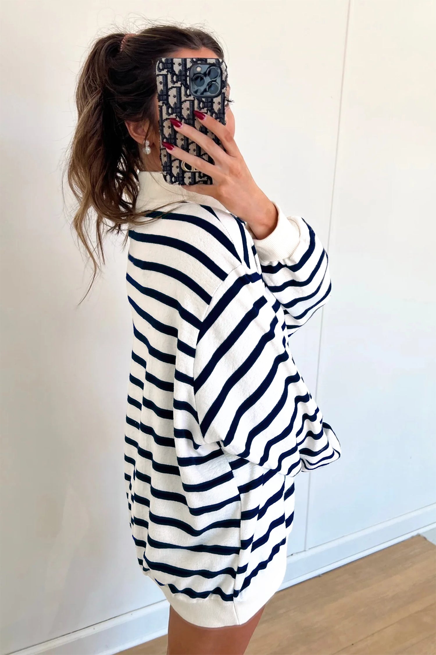 Striped Stand Neck Long Sleeve Ribbed Cuff Hem Sweatshirt – Blue Stripe