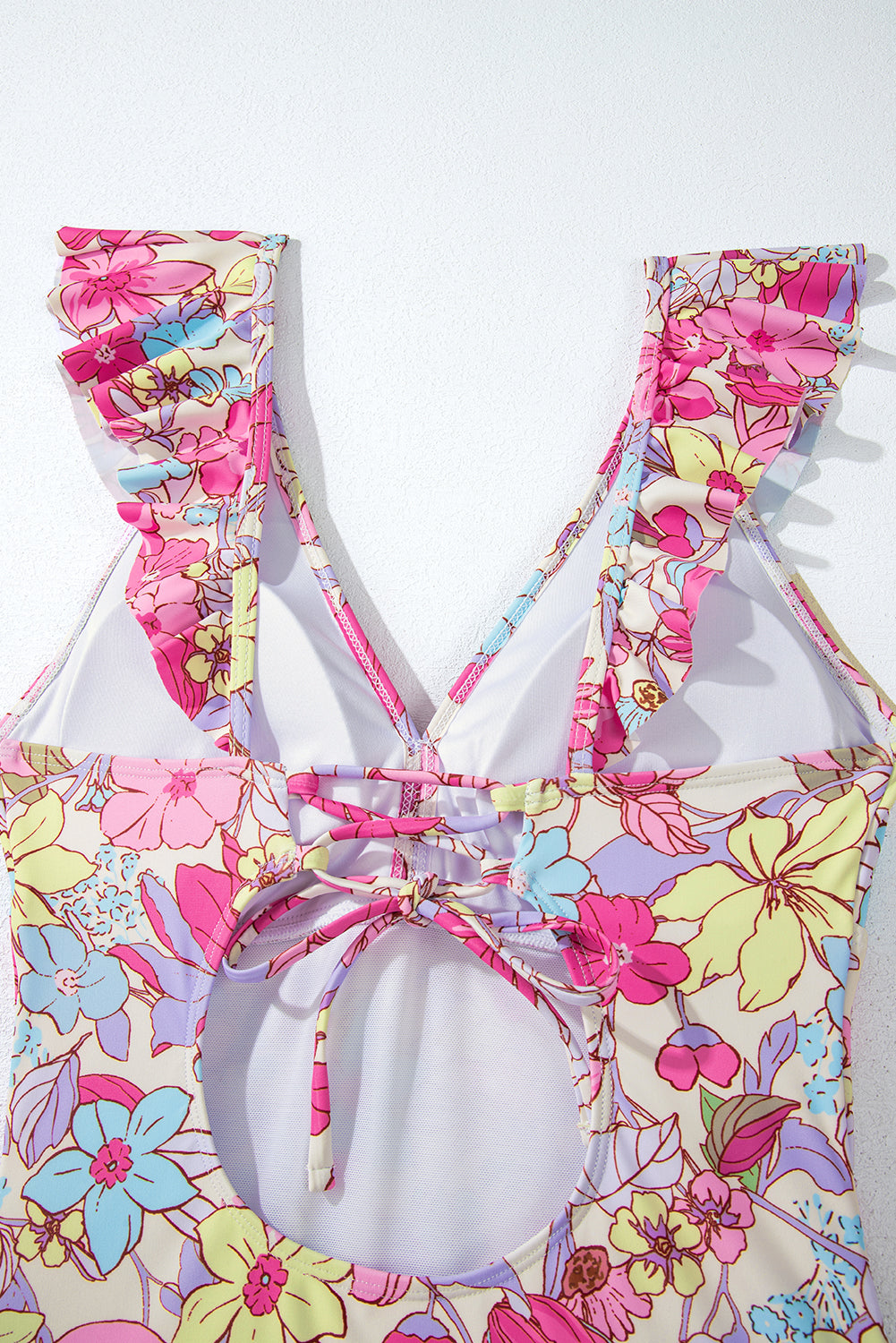 Pink Floral Ruffle Trim V Neck Lace-up Back Tummy Control One Piece Swimsuit eAura