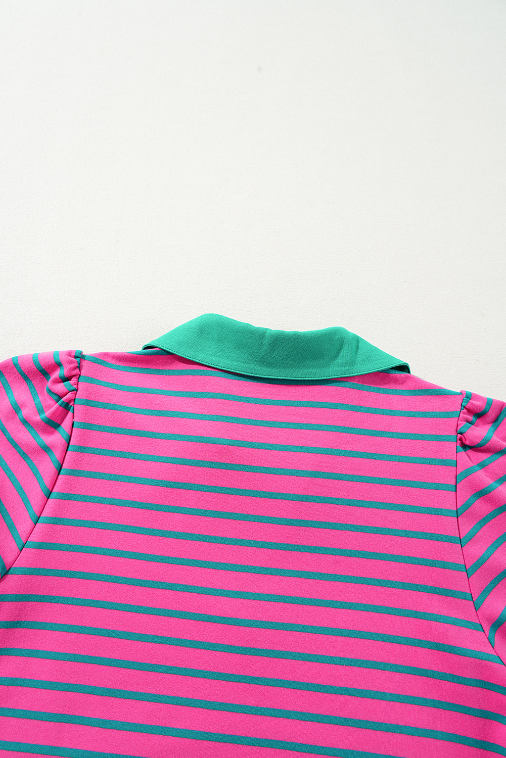 Pink Stripe Collared V Neck Puff Sleeve T Shirt Dress BB Fashion Outlet