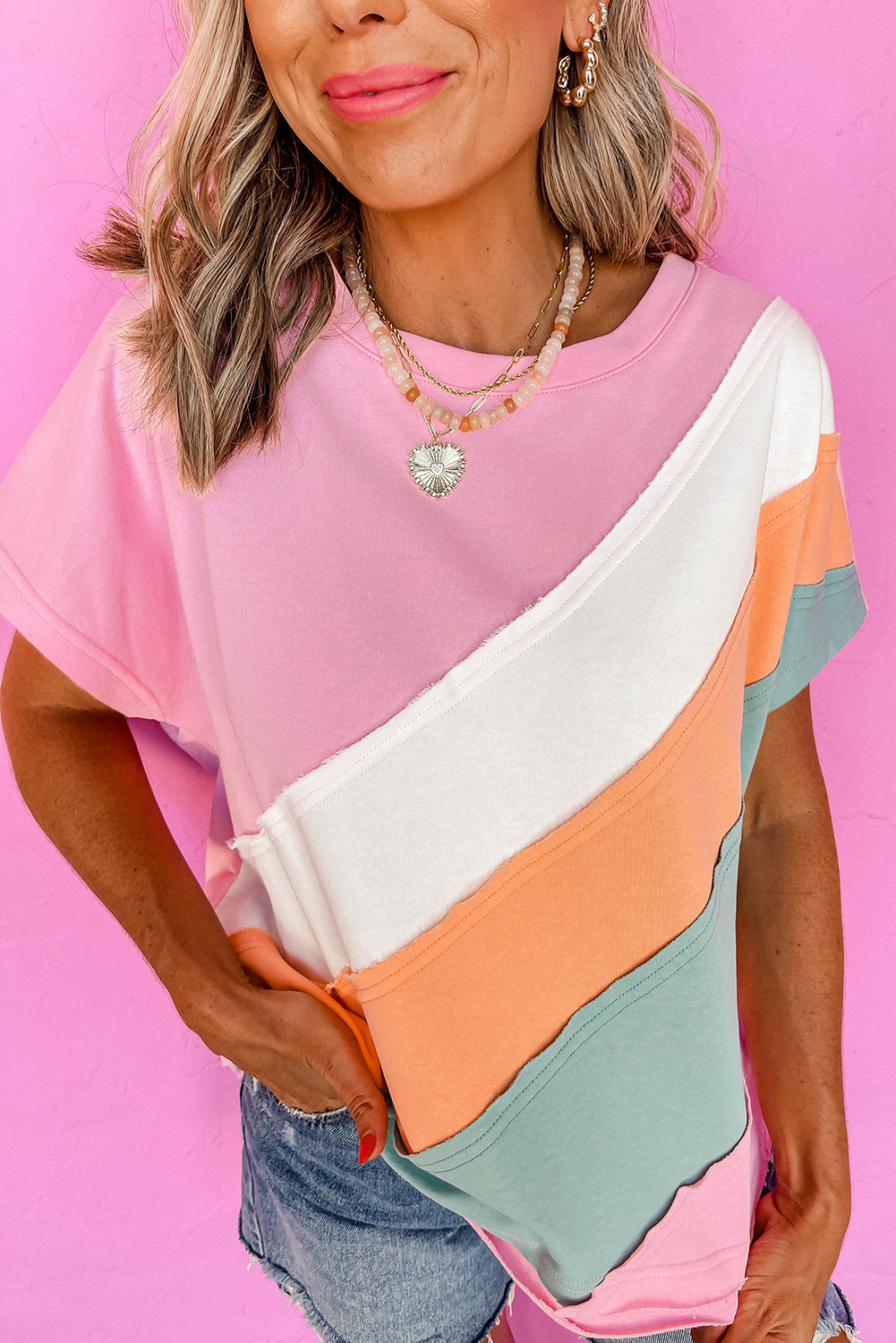 Pink Colour Block Patchwork Seamed Crewneck T Shirt eAura