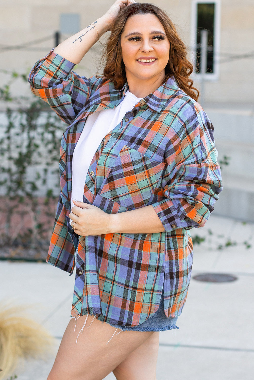 Orange Plus Size Plaid Print Buttoned Shirt Beagle Boutique Fashion Outlet