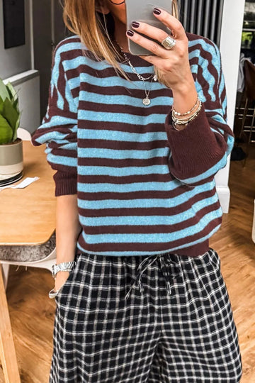 Color Block Loose Crew Neck Cuffed Sweater – Brown Stripe