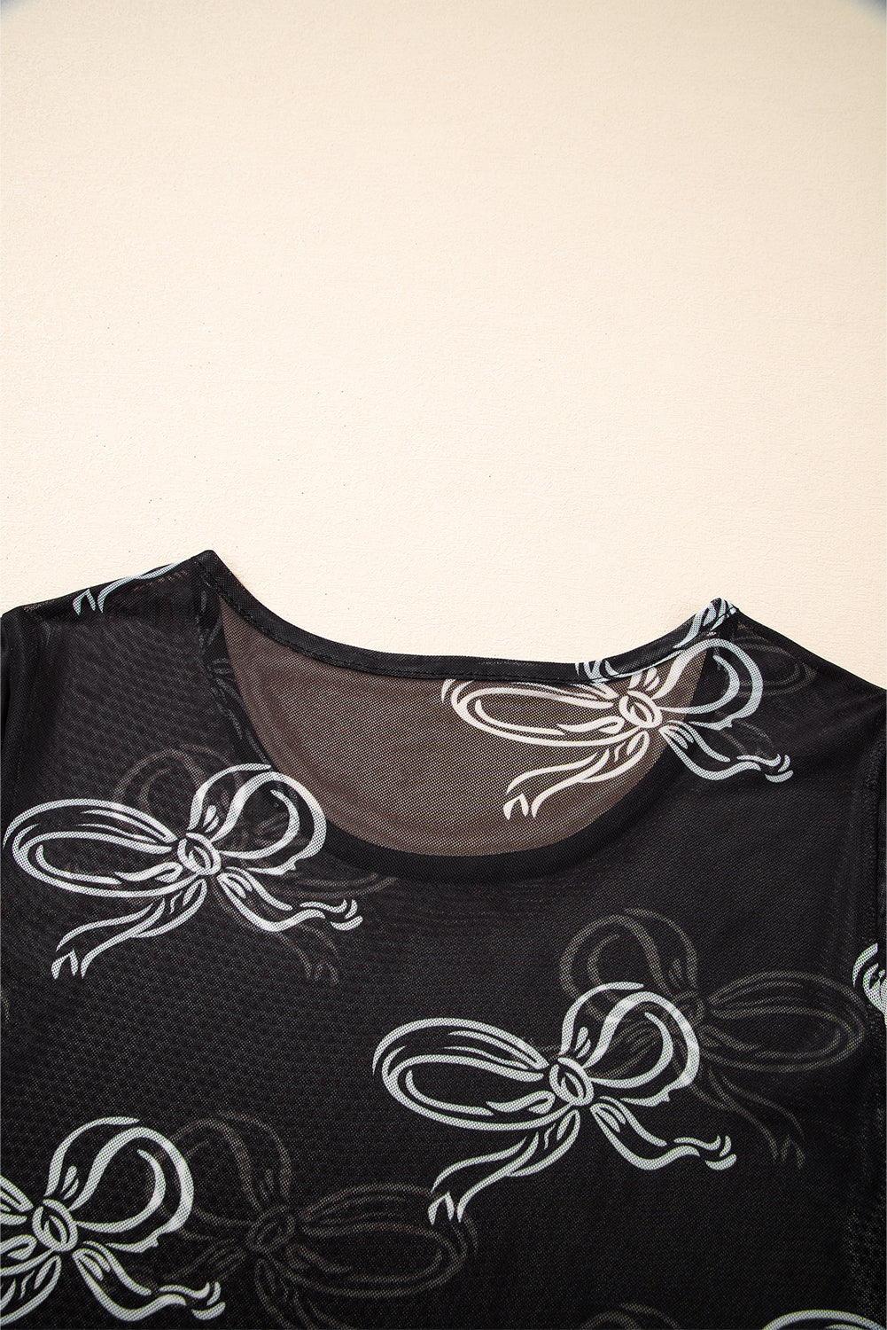 Black Bow Printed Mesh Short Sleeve Top eAura