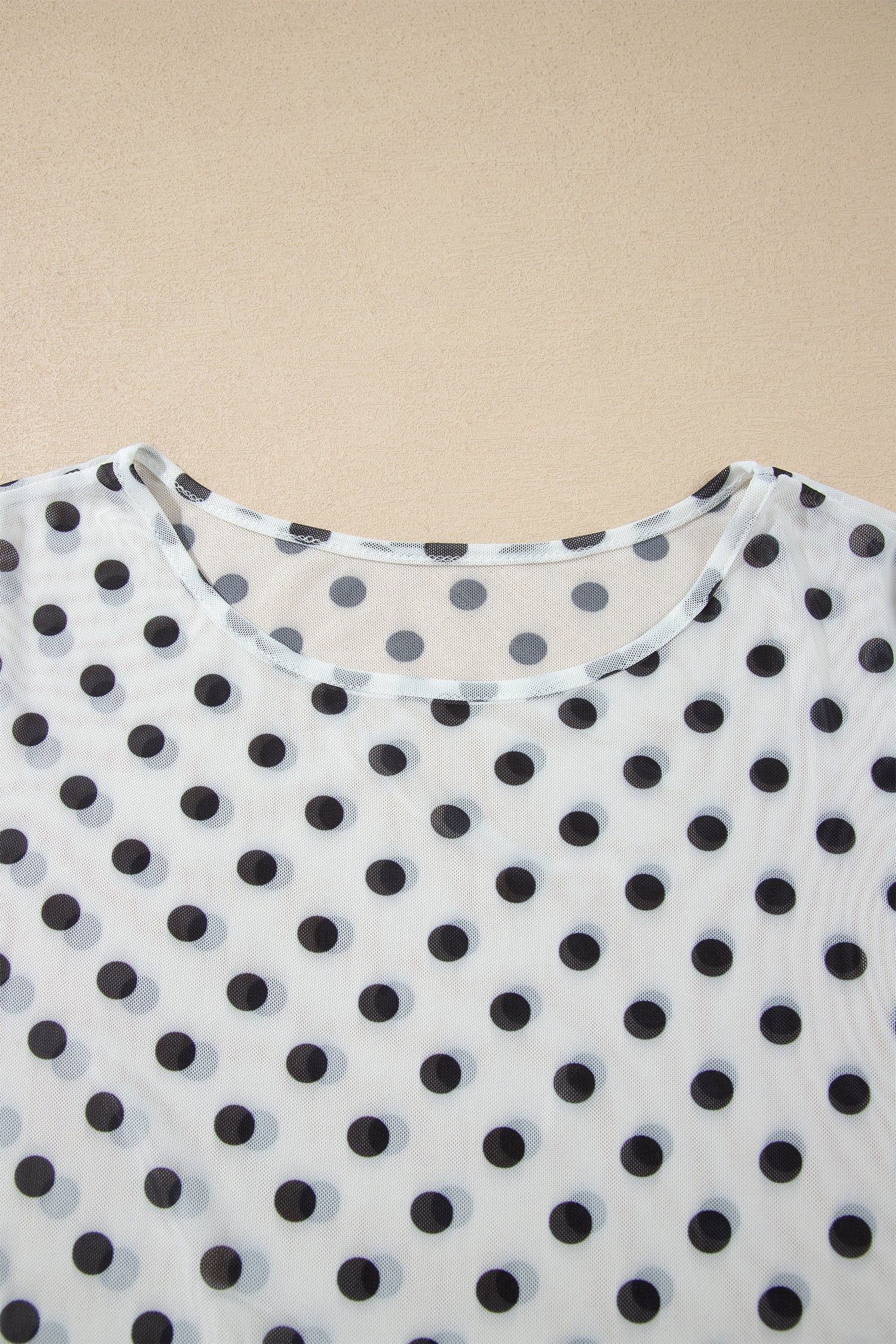 Polka Dot Sheer Mesh Long Sleeve Round Neck Shift Top – Black