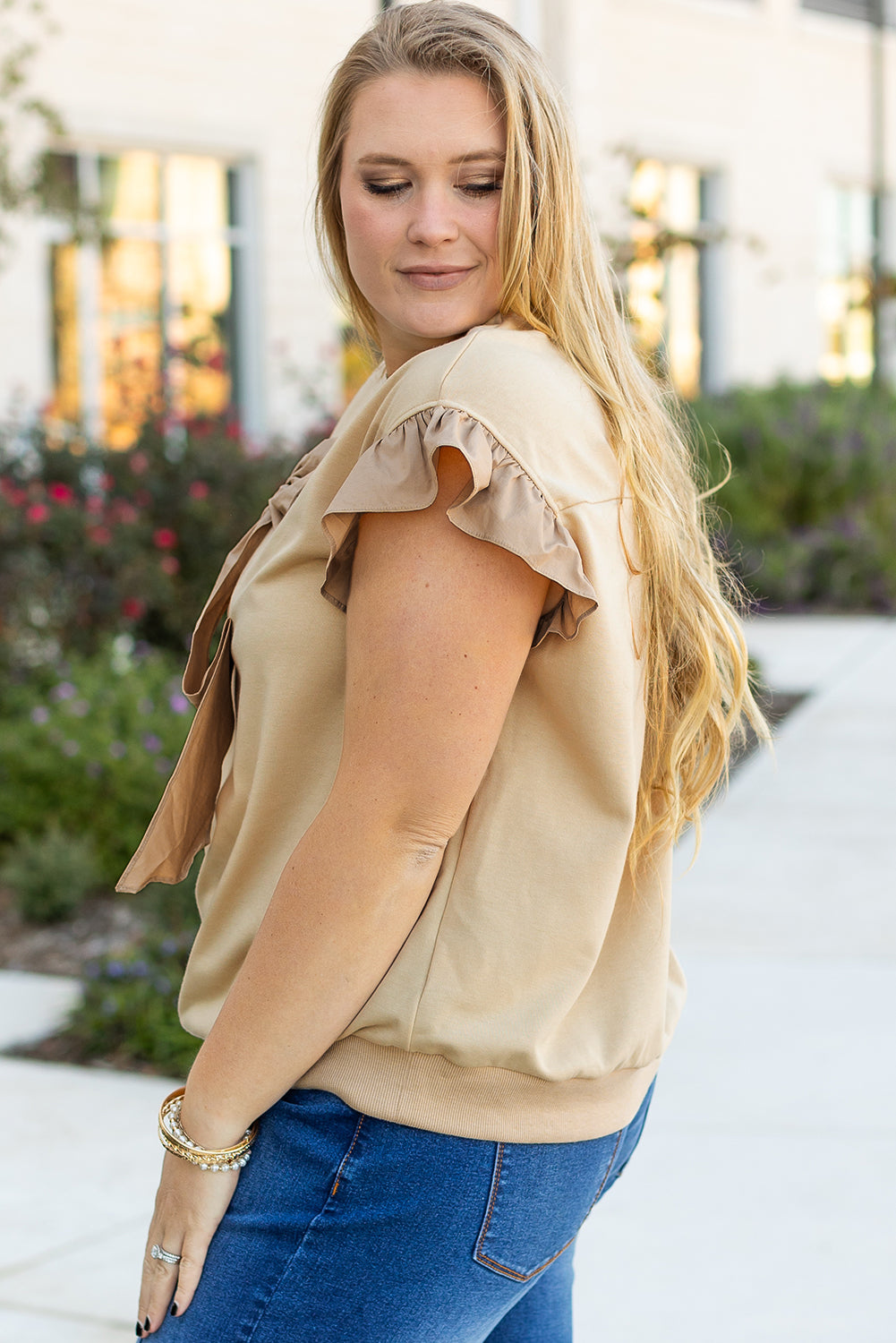 Parchment Ruffled Short Sleeve Bowknot Applique Crew Neck Plus Size Top BB Fashion Outlet