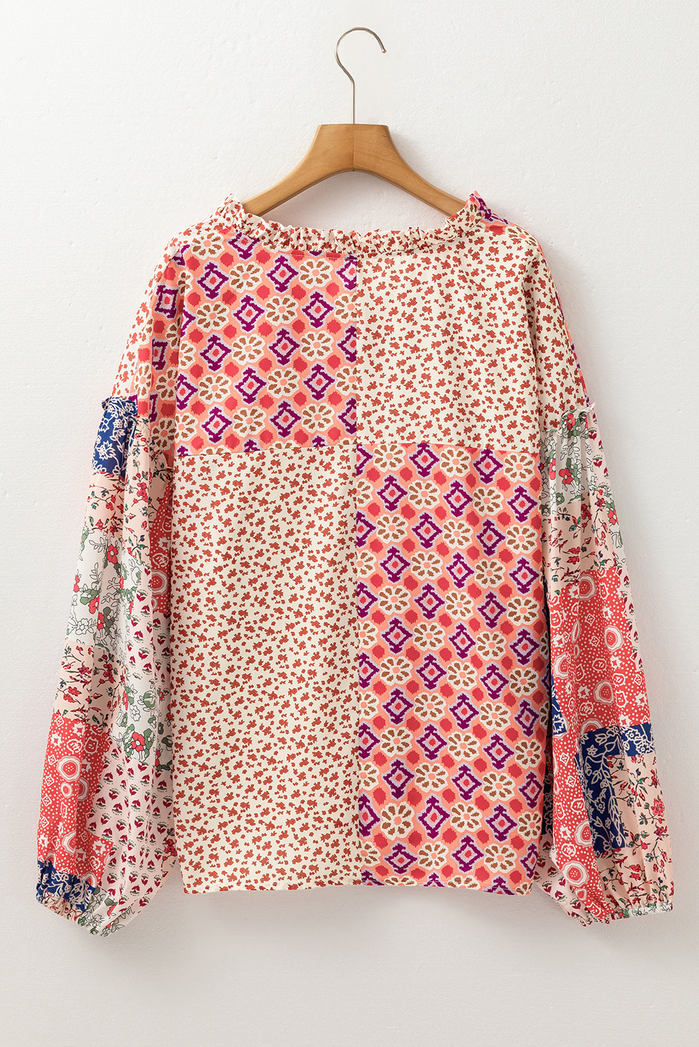 Orange Floral Geometric Patchwork Lace-up Crewneck Plus Size Blouse BB Fashion Outlet