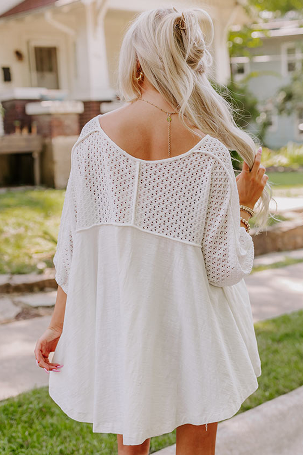 White Eyelet Patchwork High Low Hem V Neck Oversized Top eAura