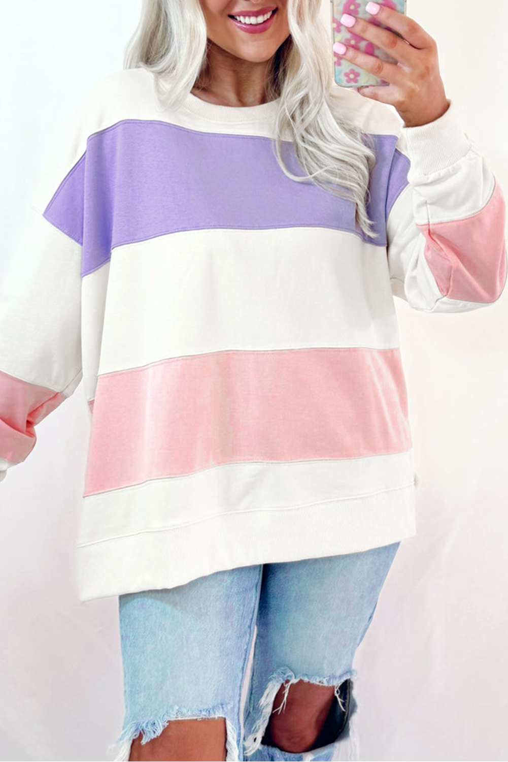 Beige Colourblock Patchwork Drop Shoulder Crewneck Sweatshirt eAura