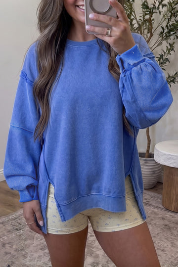 Sky Blue Mineral Wash Split Hem Loose Tunic Sweatshirt – Light Blue