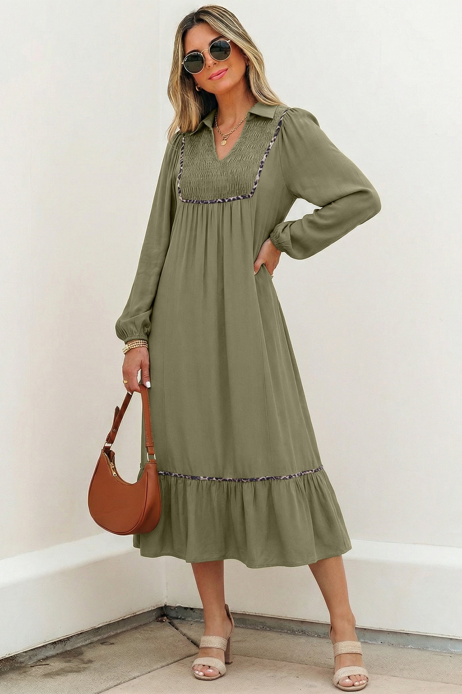Collared V-Neck Smocked Detail Contrast Leopard Trim Bracelet Sleeve Long Dress
