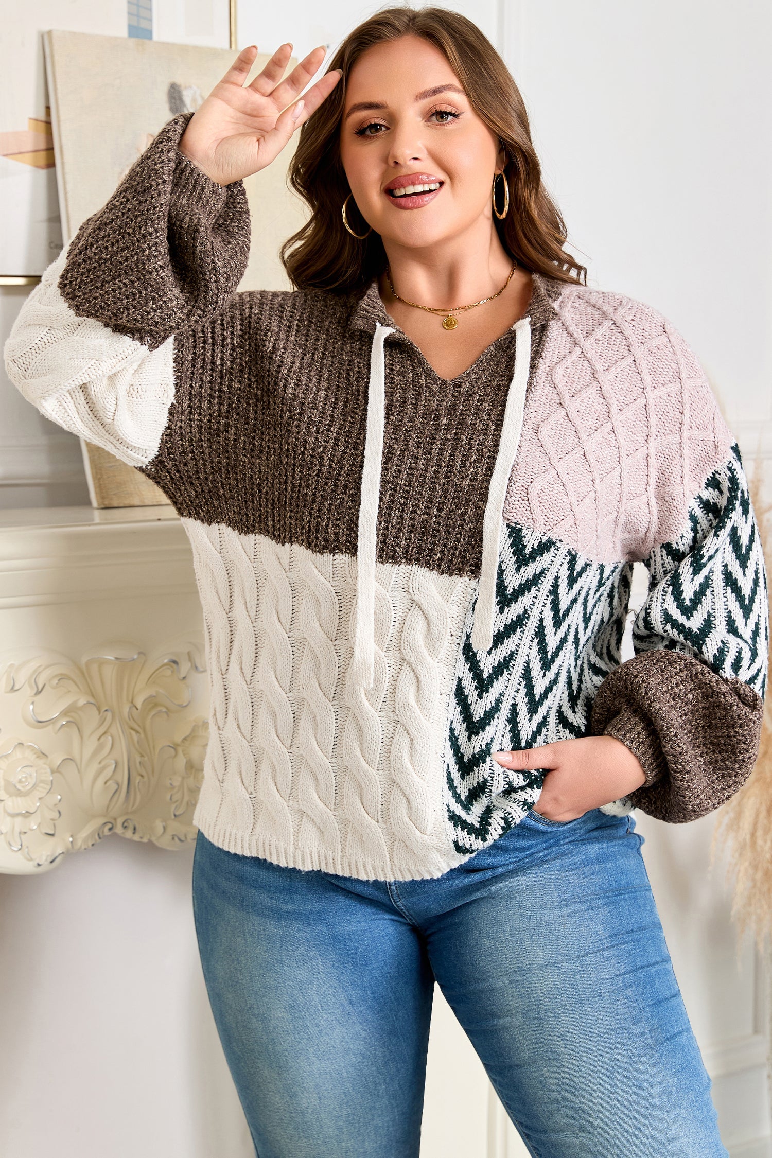 Brown Plus Size Color Block Patchwork Knotted Back Loose Fit Sweater - eAura