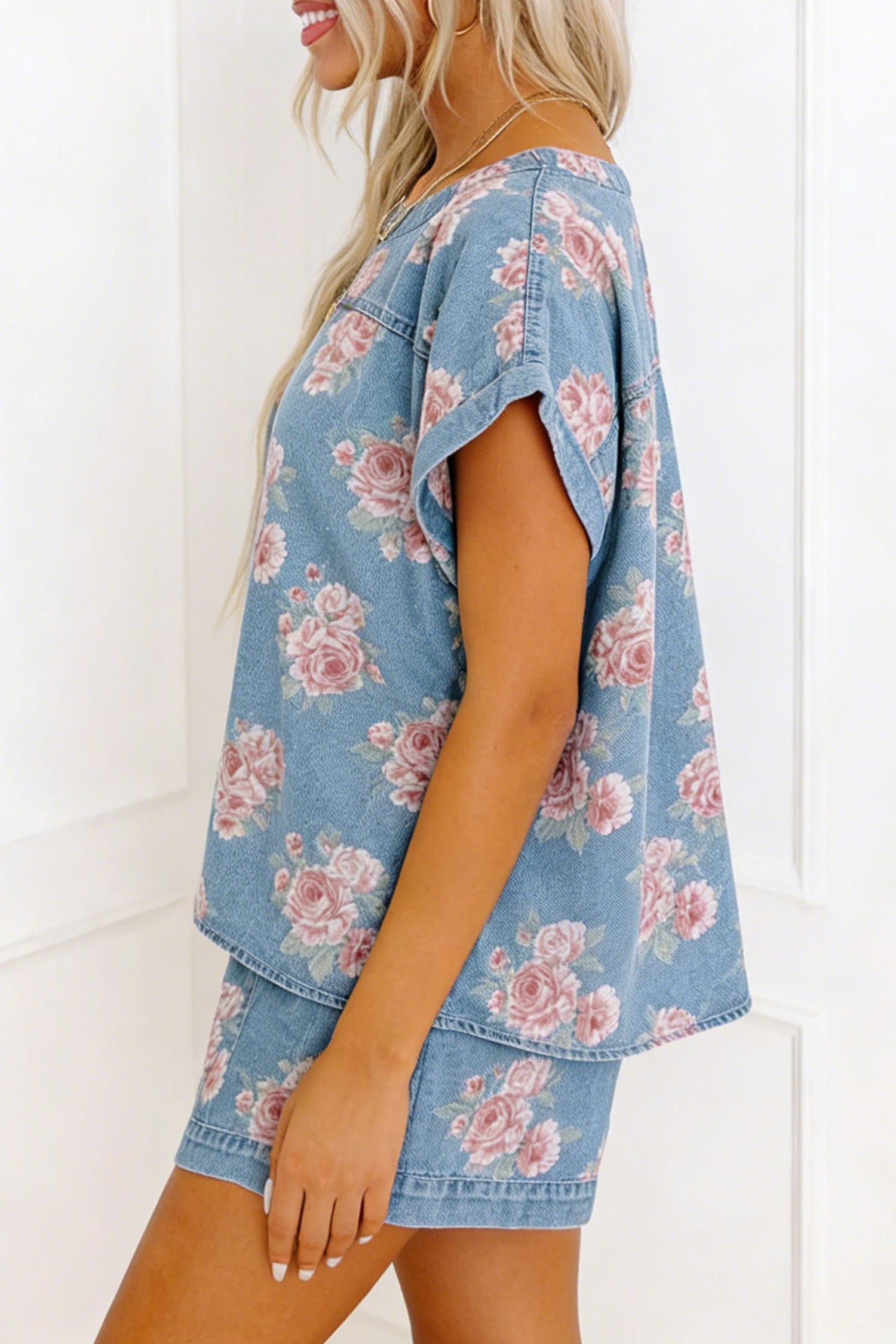 Sky Blue Floral Denim Short Sleeve Top Loose Shorts 2pcs Set – Light Blue