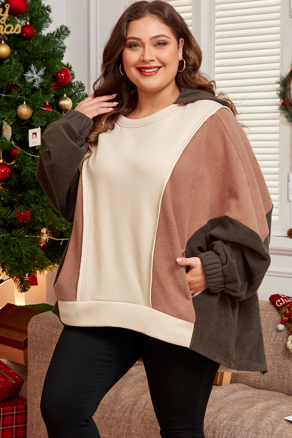 Brown Exposed Seam Colourblock Plus Size Hoodie BB Fashion Outlet