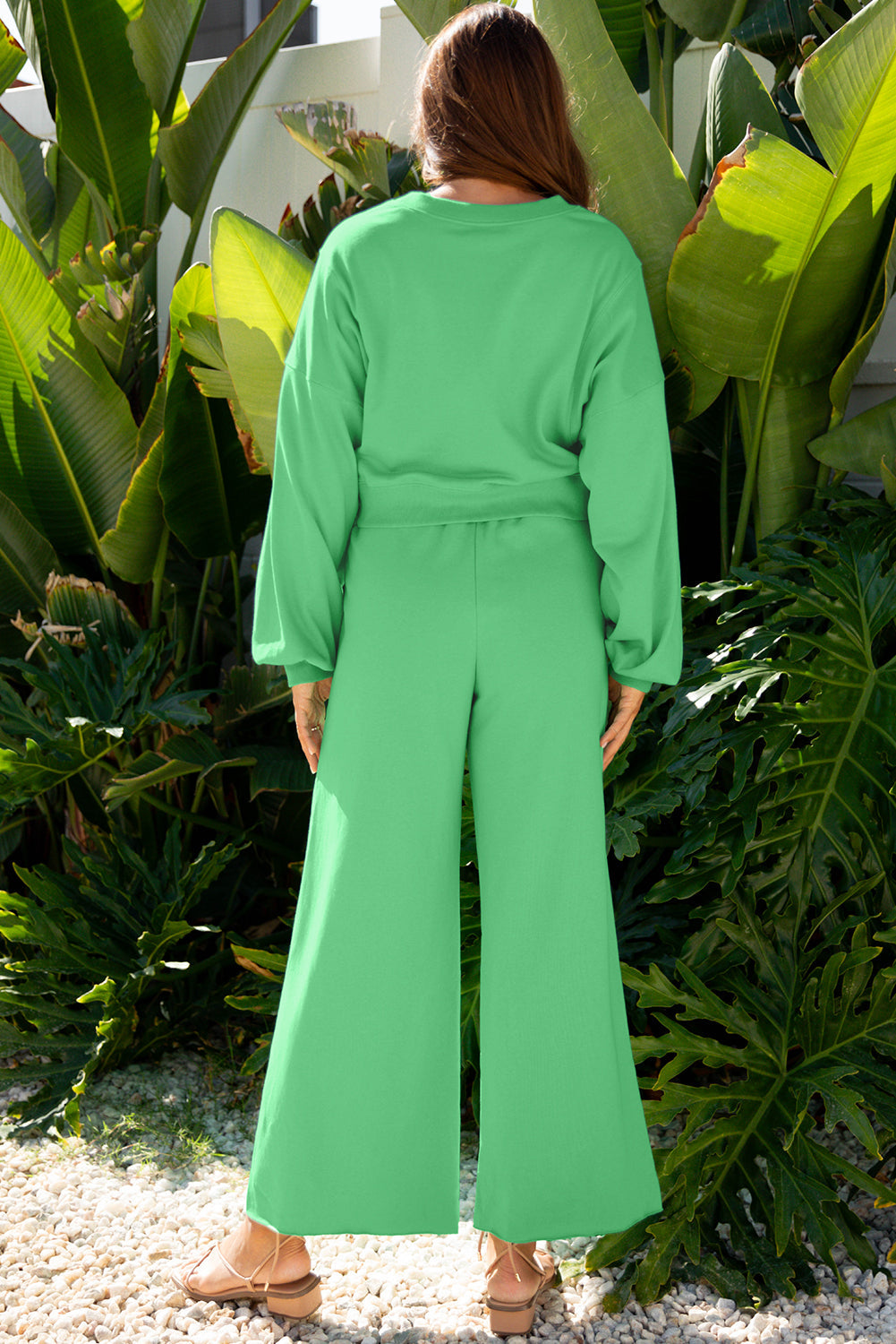 Drop Shoulder Puff Sleeve Crop Pullover and Drawstring Wide Leg Trousers Co-ord Set eAura