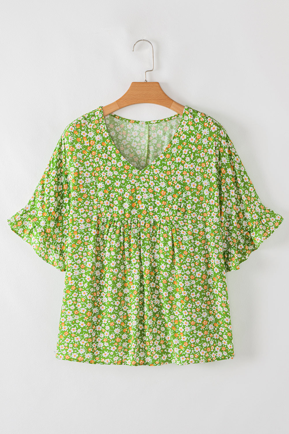 Green Floral Print Ruffle Sleeve V Neck Blouse Top eAura