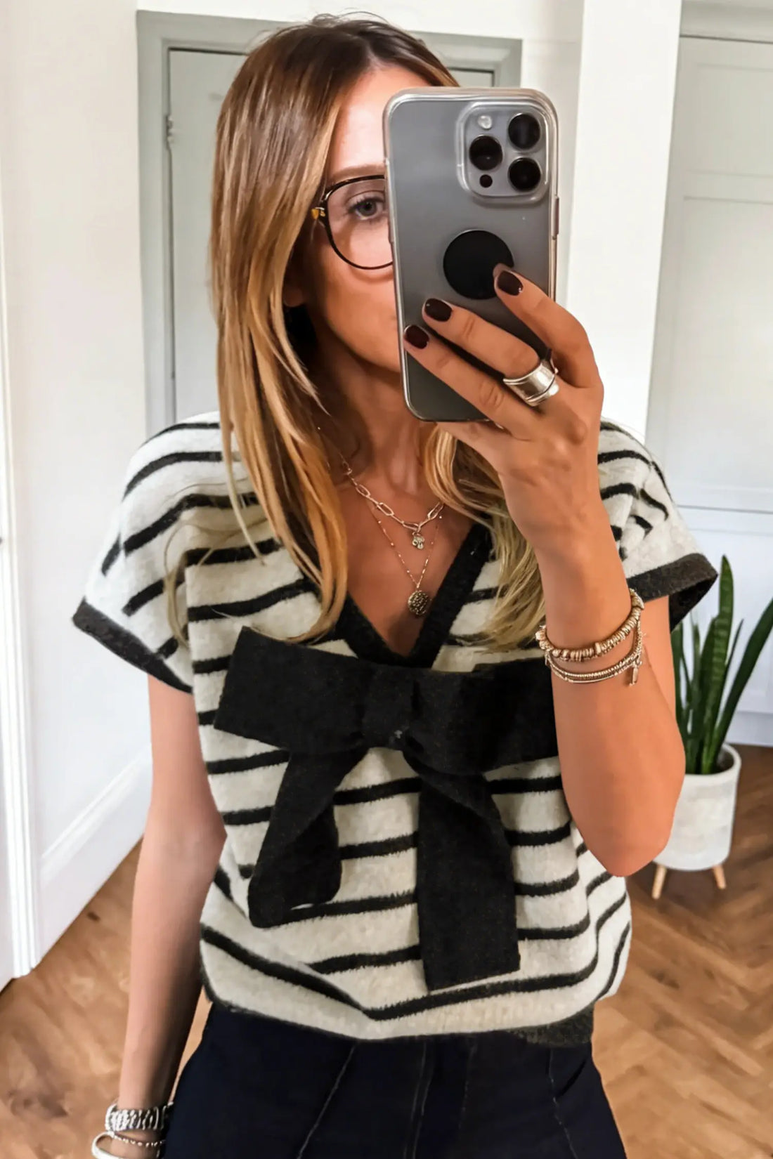 Stripe Bow Appliqué Short Sleeve Sweater