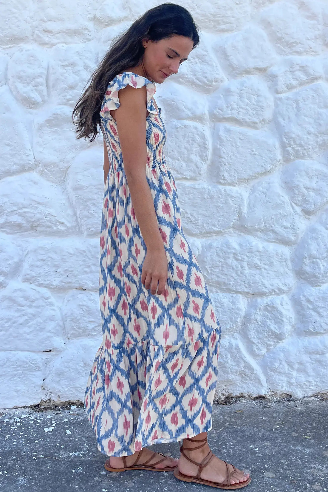 Geometric Print Square Neck Smocked High Waist Ruffle Sleeve Dress