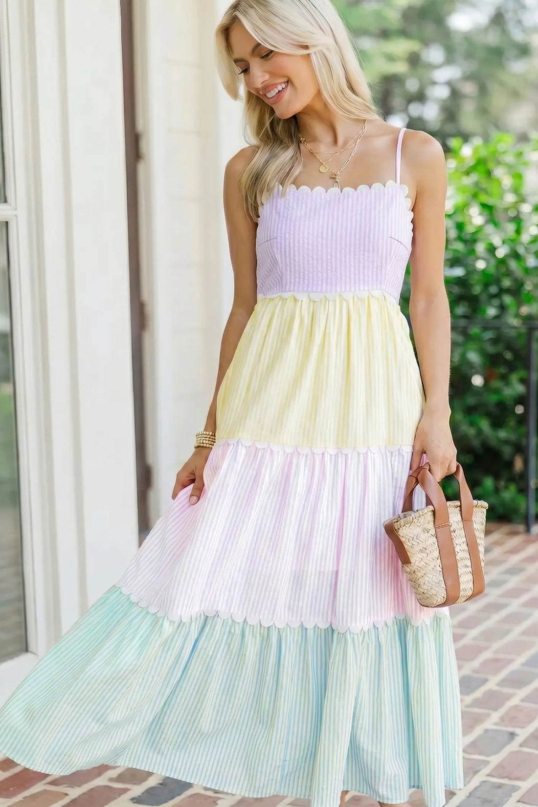 Striped Colourblock Scalloped Neck Smocked Maxi Dress