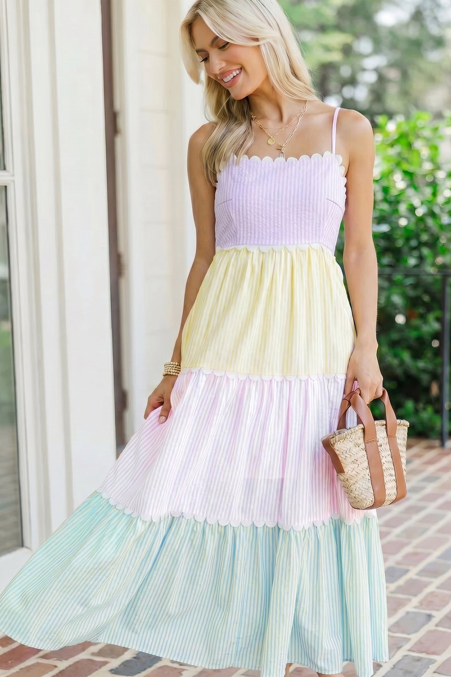 Striped Colourblock Scalloped Neck Smocked Maxi Dress