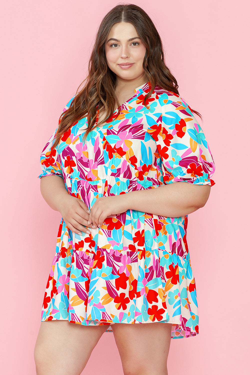Multicolour Floral Tiered V Neck Plus Dress BB Fashion Outlet