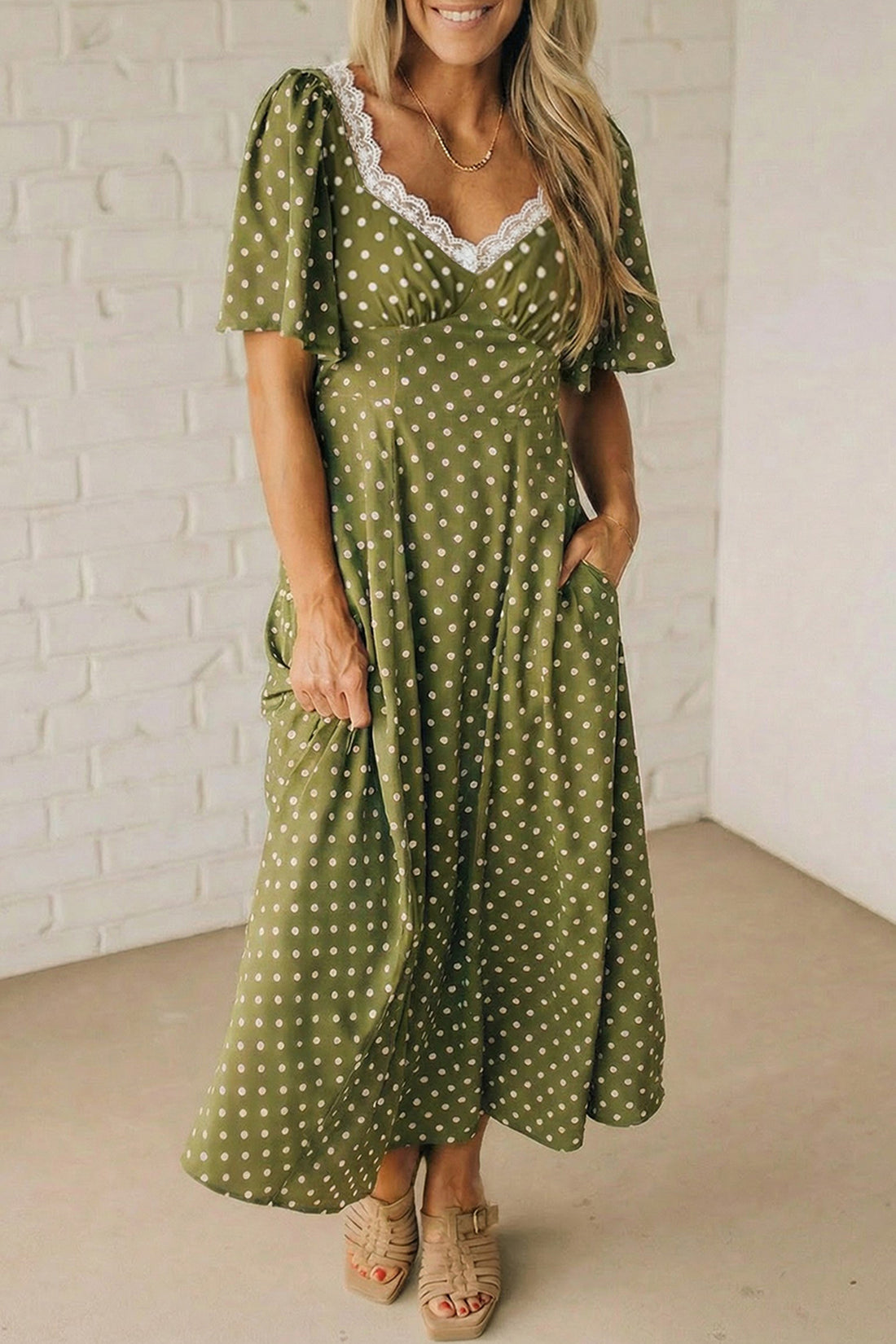 Polka Dot Print Lacy Neckline Smocked Maxi Dress - Green / L - Dresses/Maxi Dresses