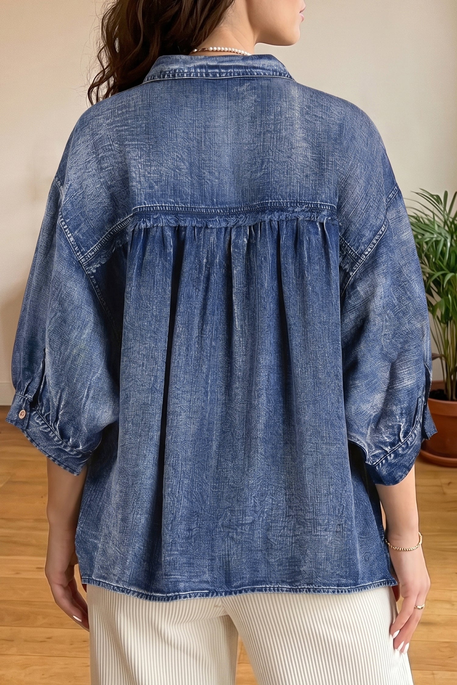 Three Quarter Sleeve Button Front Loose Denim Shirt – Dusk Blue