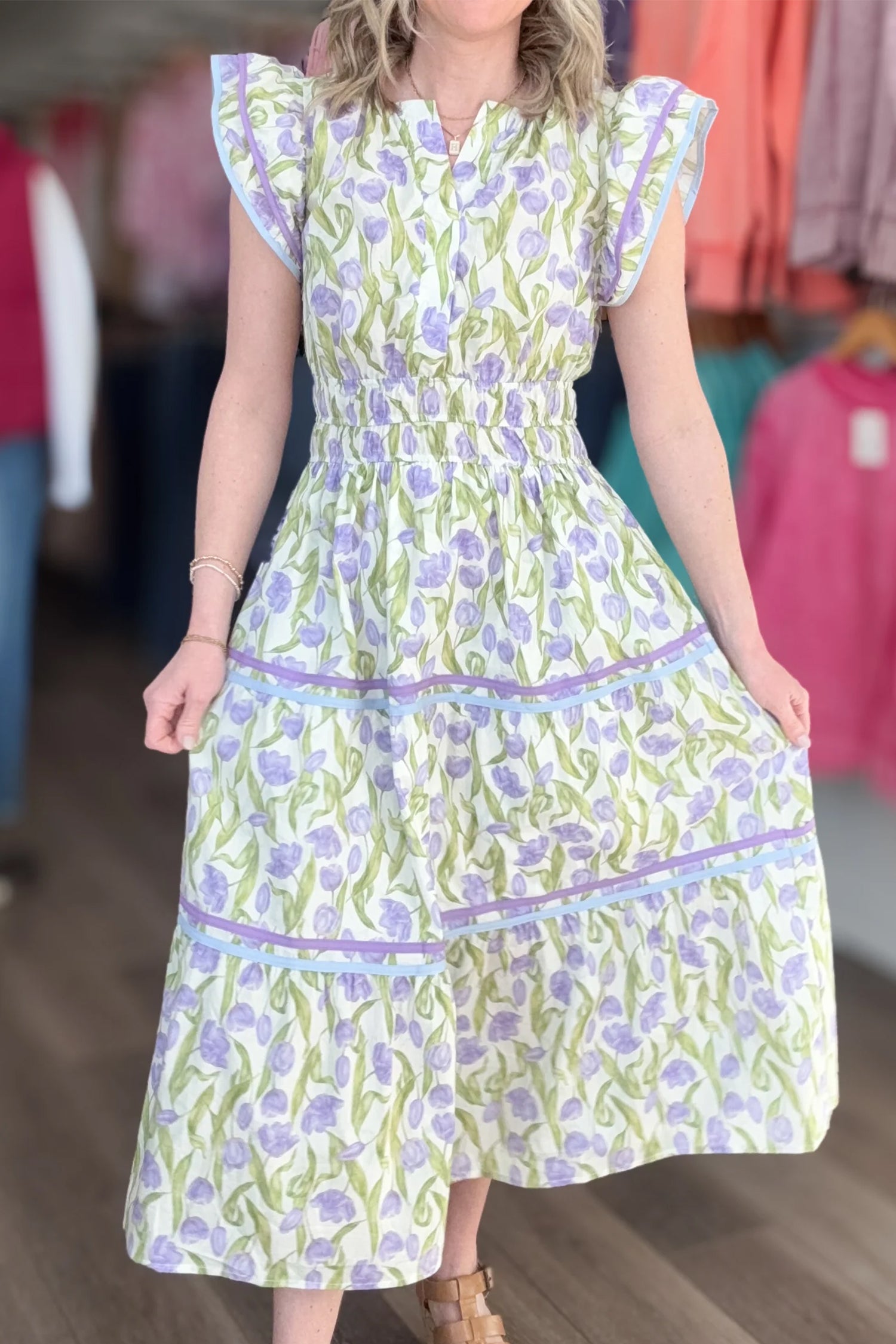 Tulip Floral Print Contrast Trim Midi Dress – Purple