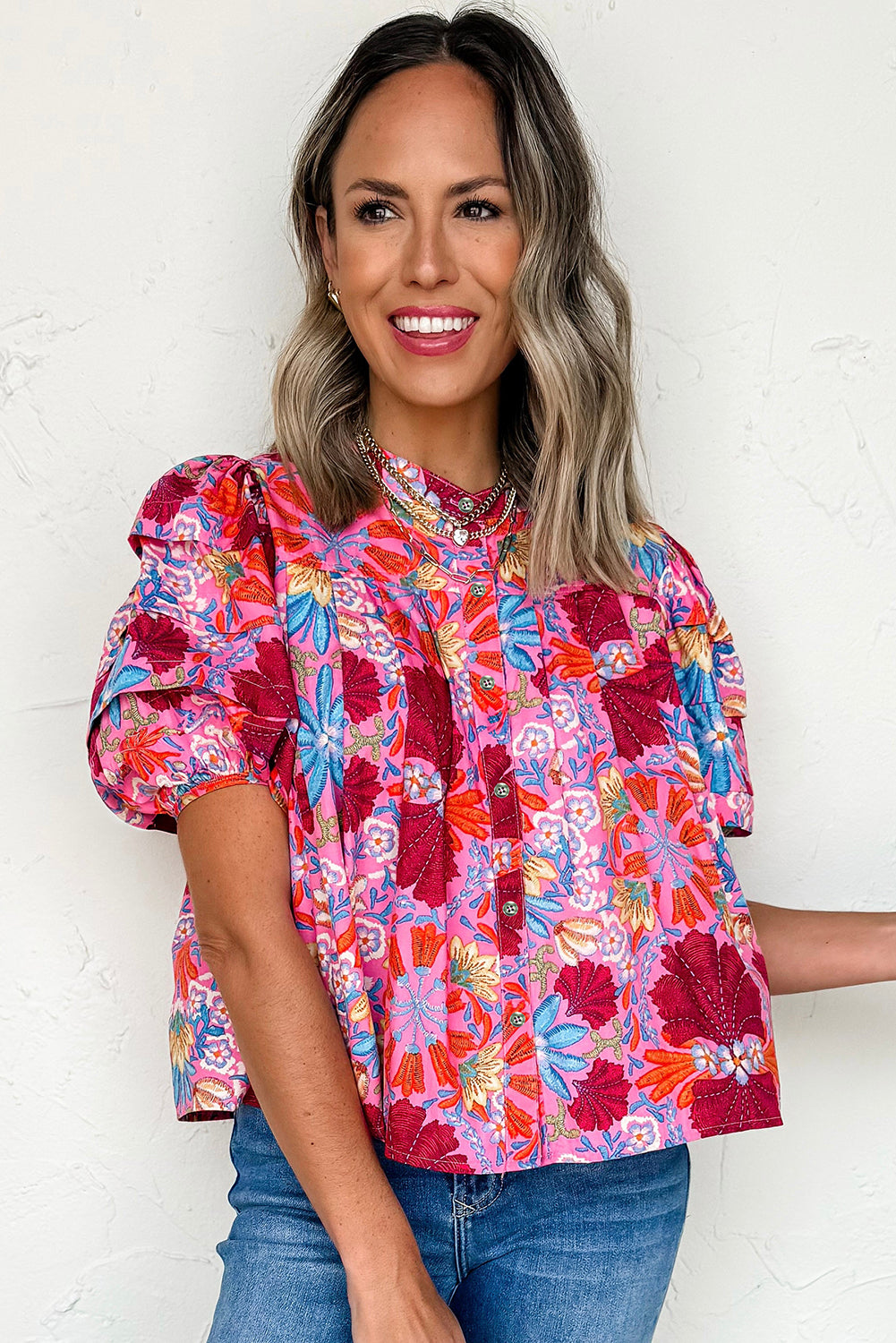 Floral Print Bubble Sleeve Button-Up Pleated Shirt – Pink